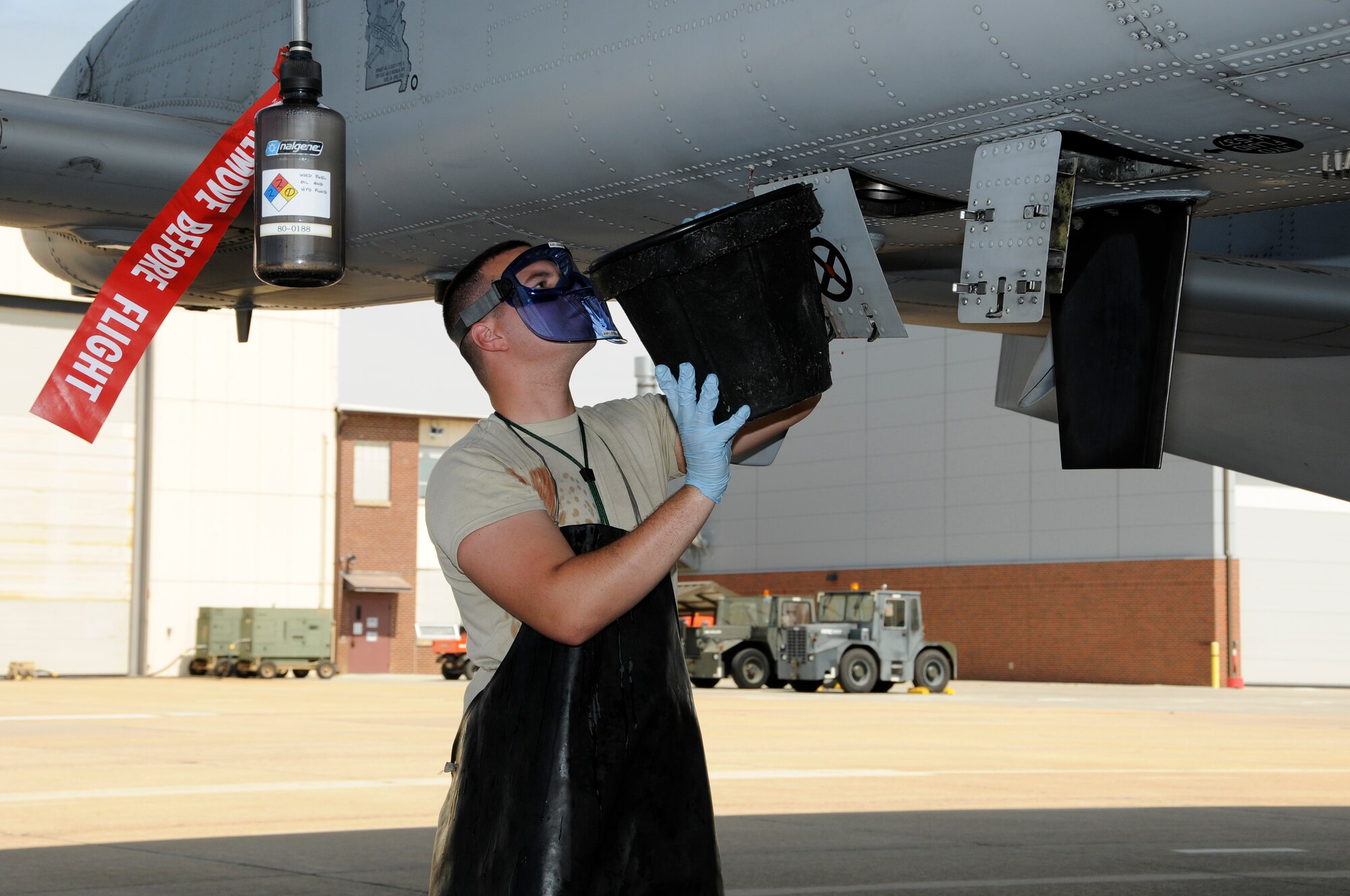 Senior Airman Andrew Morgan conducts maintenance on an A-10C Thunderbolt II “Warthog” during an Air Combat Command Phase I Operational Readiness Inspection. (U.S. Air Force photo by Airman 1st Class John Hiller/188th Fighter Wing Public Affairs)