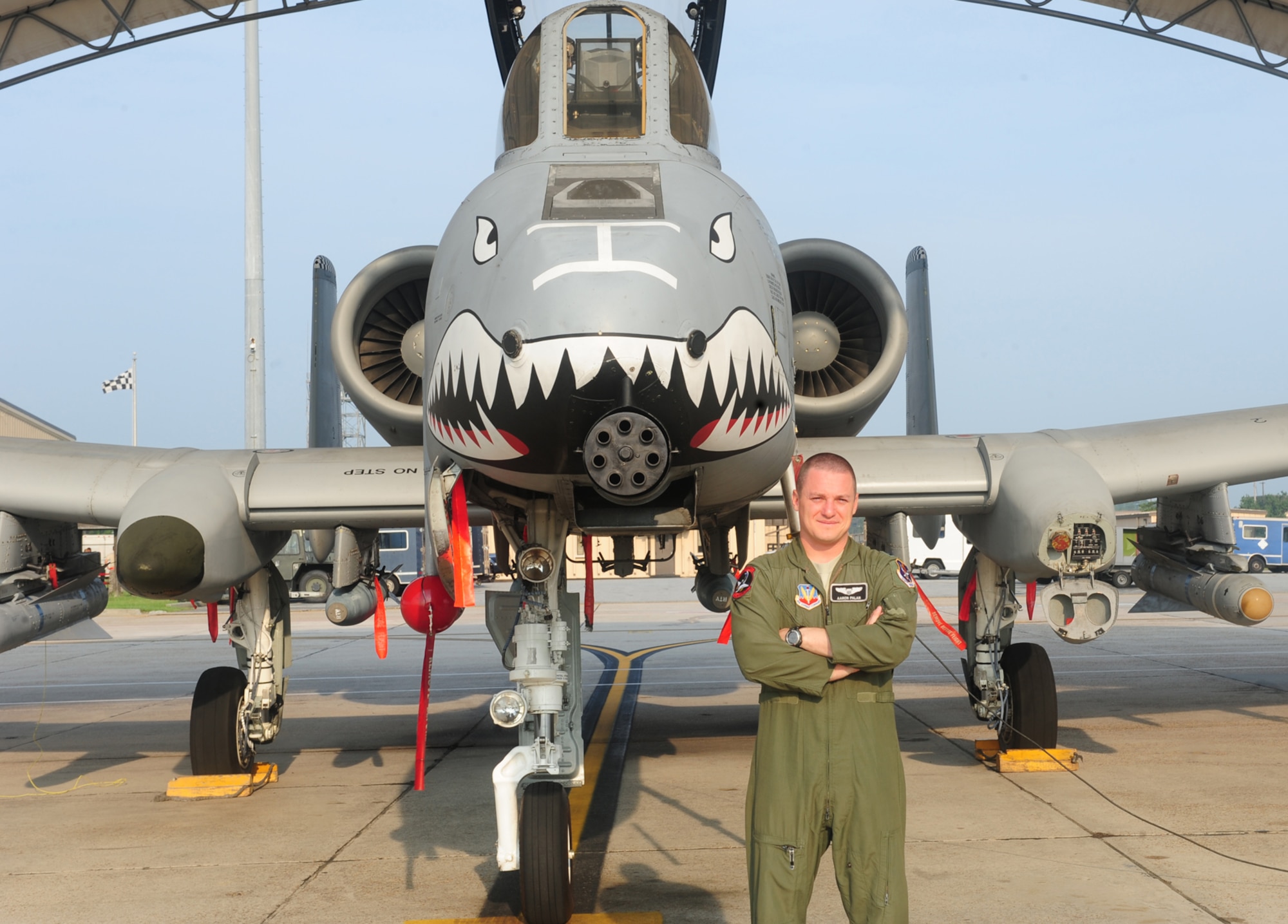 U.S. Air Force Capt. Aaron Palan, 75th Fighter Squadron A-10C Thunderbolt II pilot, received the Distinguished Flying Cross with Valor for his participation in an aerial flight in Afghanistan Oct. 1, 2010. Palan saved a special forces team that had been ambushed and killed 20 to 30 enemy combatants with four precision-guided munitions, 1,150 rounds of 30 mm ammunition and three white phosphorous rockets. (U.S. Air Force photo by Senior Airman Stephanie Mancha/Released)