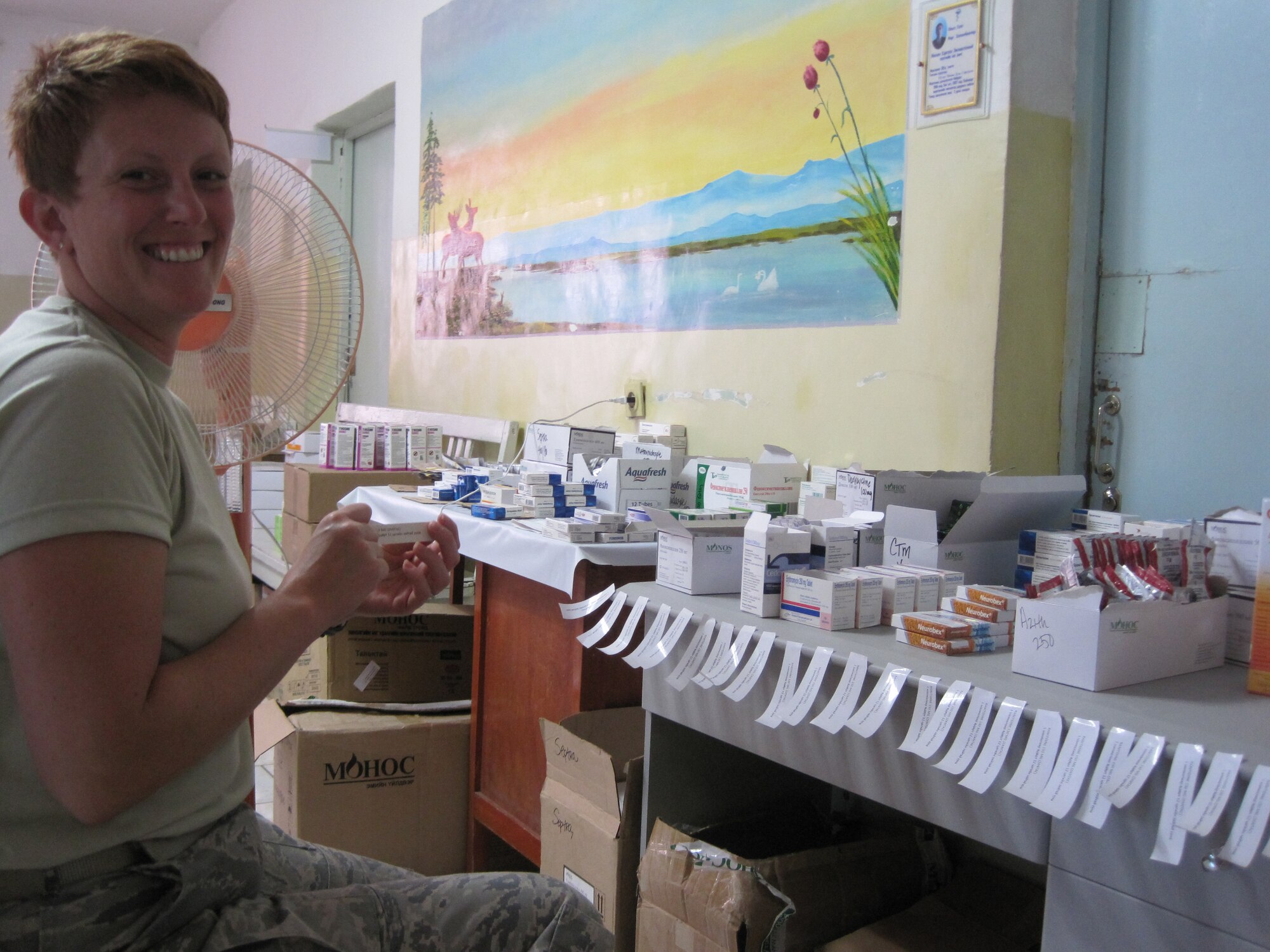 Tech. Sgt. Hilda Holmes reviews prescriptions July 21, 2011, during Operation Pacific Angel 11-4 in Ondorkhaan City, Mongolia. The operation offered an opportunity to foster ties with allies by providing needed healthcare services to the local population. Sergeant Holmes is assigned to the 354th Medical Support Squadron as the diagnostics and therapeutics flight chief. (Courtesy Photo)