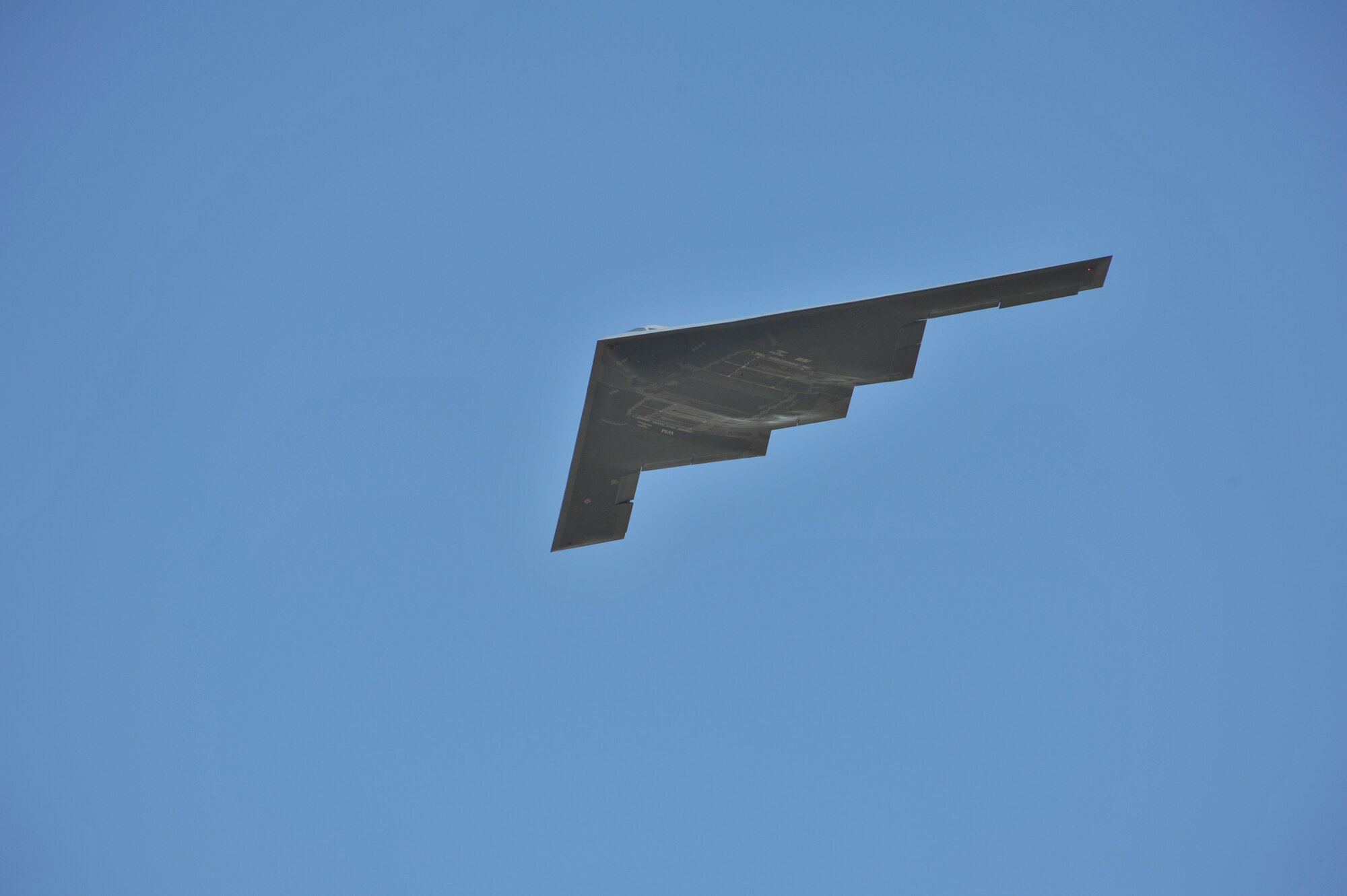 A B-2 Spirit, or Stealth Bomber, made an appearance over Gore Hill during the air show July 30.  'The Spirit of Montana' was on it's way back to its home station of Whiteman Air Force Base, Mo., when it flew over the thousands of spectators in attendance.  (U.S. Air Force photo/John Turner)