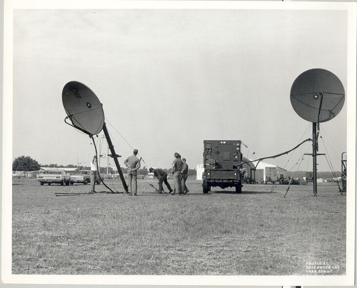 Members from the 682nd Air Support Operations Squadron set up satellites for communication at Solid Shield in 1976. The 682nd ASOS has been a part of Shaw Air Force Base, S.C., since 1971. (U.S. Air Force photo)