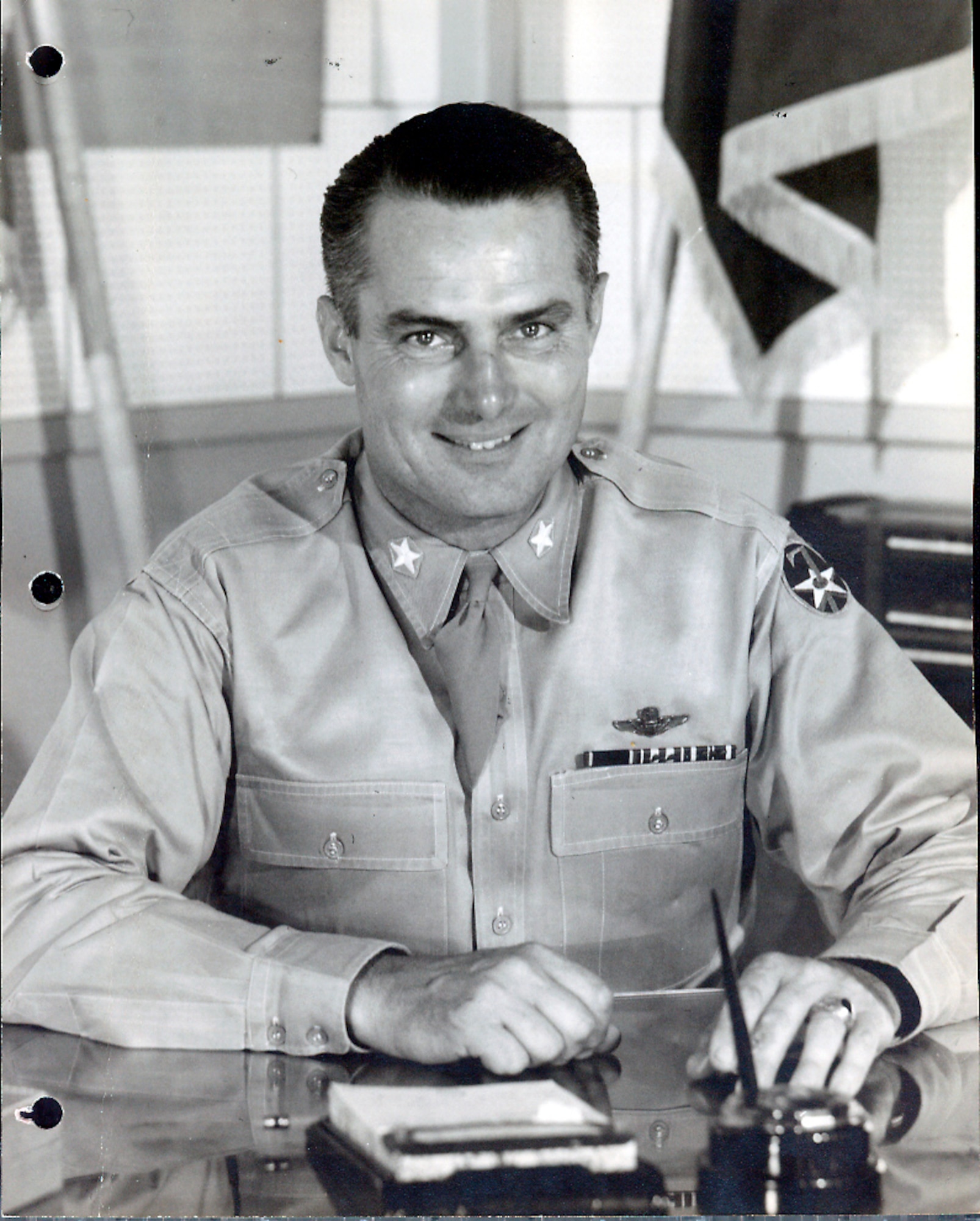 Brig. Gen. Robert Travis is seen at a desk, circa 1948. The installation was named after him when he died in a plane crash on base in 1950. U.S. Air Force file photo