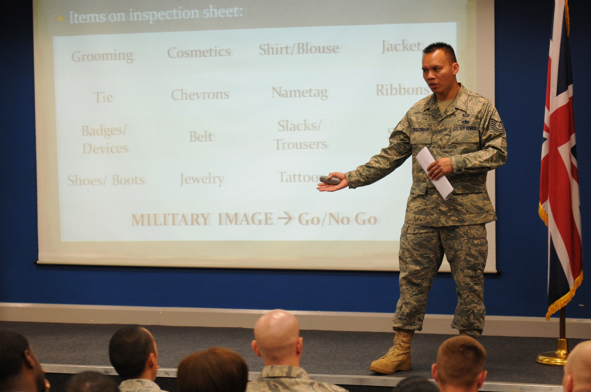 ROYAL AIR FORCE FELTWELL, England - Tech. Sgt. Stephen DeGuzman, 48th Force Support Squadron Airman Leadership School instructor, teaches a class about U.S. Air Force traditions on RAF Feltwell, August 10, 2011. DeGuzman was nominated for a Liberty Spotlight because he displays the core value of "Service Before Self". (U.S. Air Force photo/Airman Cory Payne) 
