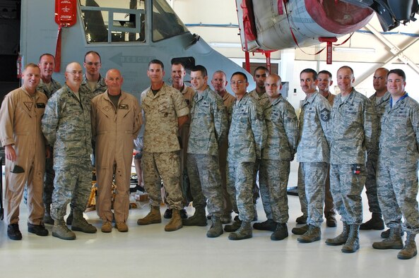 U.S. Marine Corps Maj. Gen. Thomas Conant, commanding general of the Third Marine Aircraft Wing, I Marine Expeditionary Force, arrived here Aug. 4 to see the results of joint repair work on a V-22 Osprey. Conant thanked the Airmen of the 388th Fighter Wing responsible for acquiring the proper supplies, logistics and equipment needed to repair the joint service, multi-role combat aircraft. (U.S. Air Force photo by Andrea Houck)