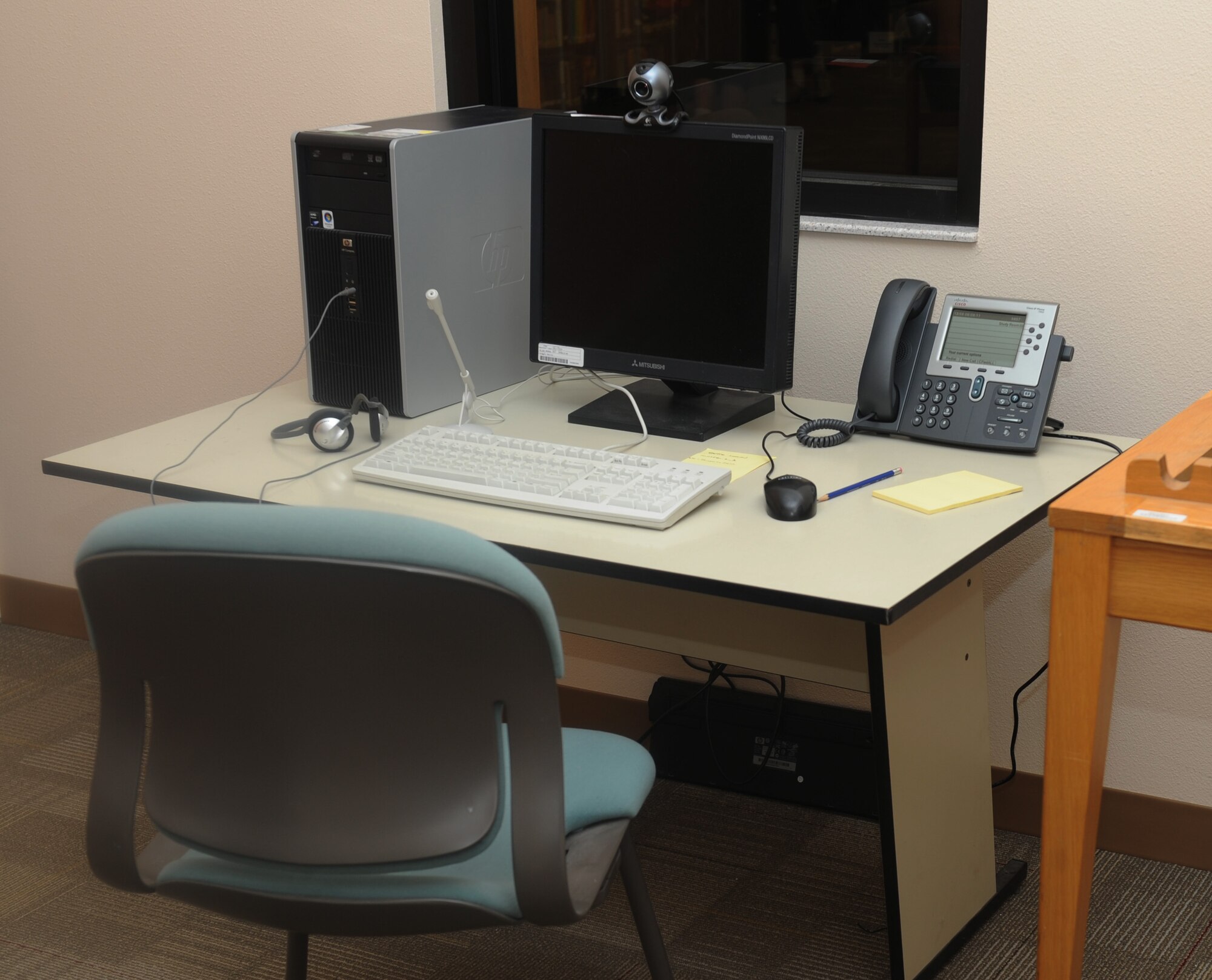MOUNTAIN HOME AIR FORCE BASE, Idaho – The new base library, located in the Gunfighter Service Center, now offers an enclosed room with web camera functions for meetings and keeping in touch with deployed family members. (U.S. Air Force photo by Staff Sgt. Gina Chiaverotti-Paige)
