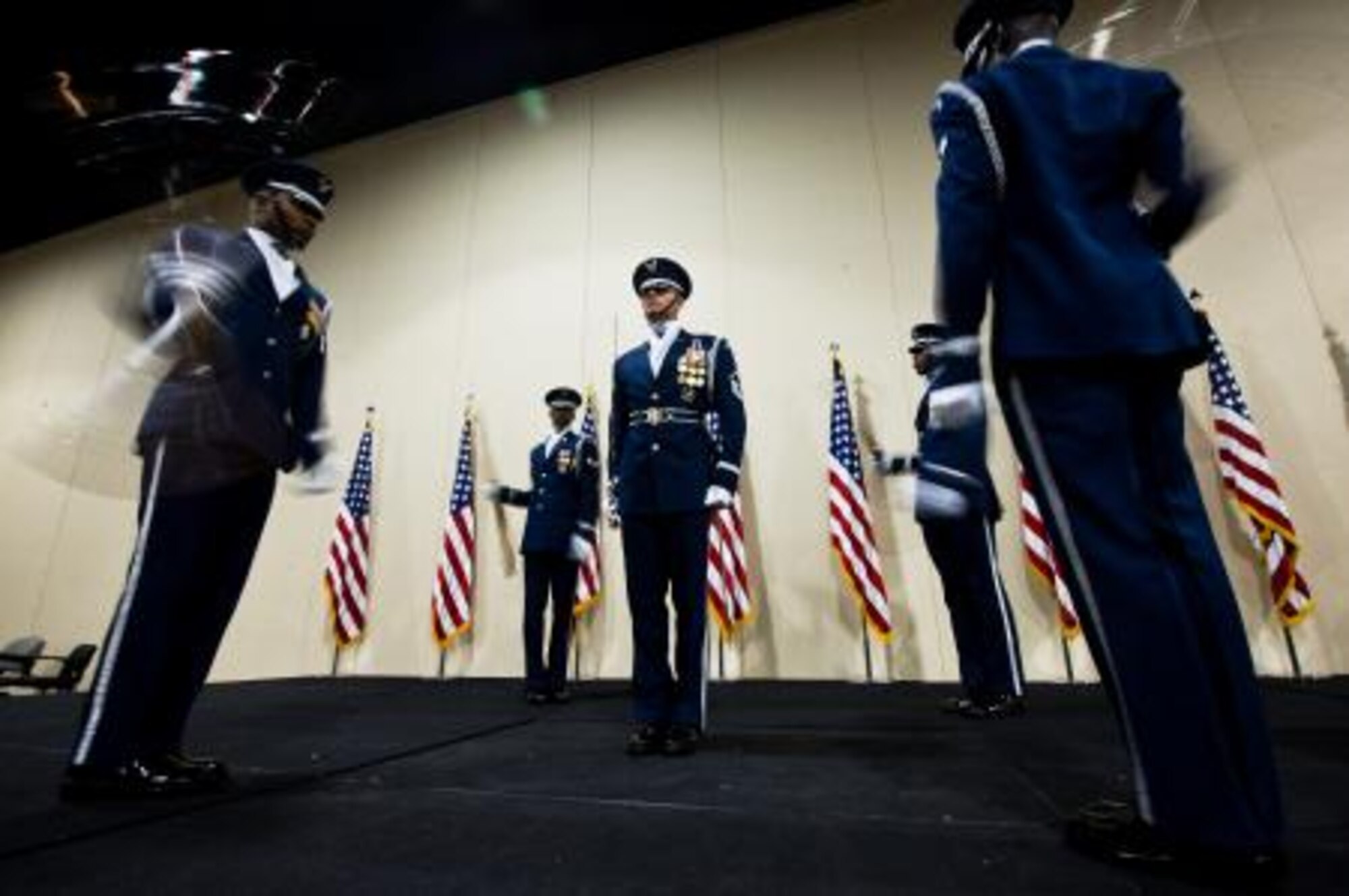 U.S. Air Force Honor Guard drill team perform during the 40th Tuskegee Airmen national convention Aug. 4, 2011, at Gaylord National Hotel, Md. The convention honors the African-American aviation pioneers with historic displays, Tuskegee discussion panels, and guest speakers. (U.S. Air Force photo/ Staff Sgt. Jonathan Snyder)