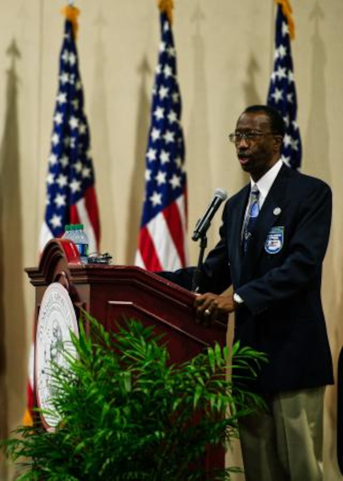 Retired Brig. Gen. Leon Johnson, Tuskegee Airmen Incorporated President, speaks at the luncheon for the 40th National Tuskegee Airmen Convention on Aug. 5, at the Gaylord National Hotel, Md. The luncheon honored Tuskegee Airmen and those currently serving. (U.S. Air Force photo/Senior Airman Erik Cardenas)