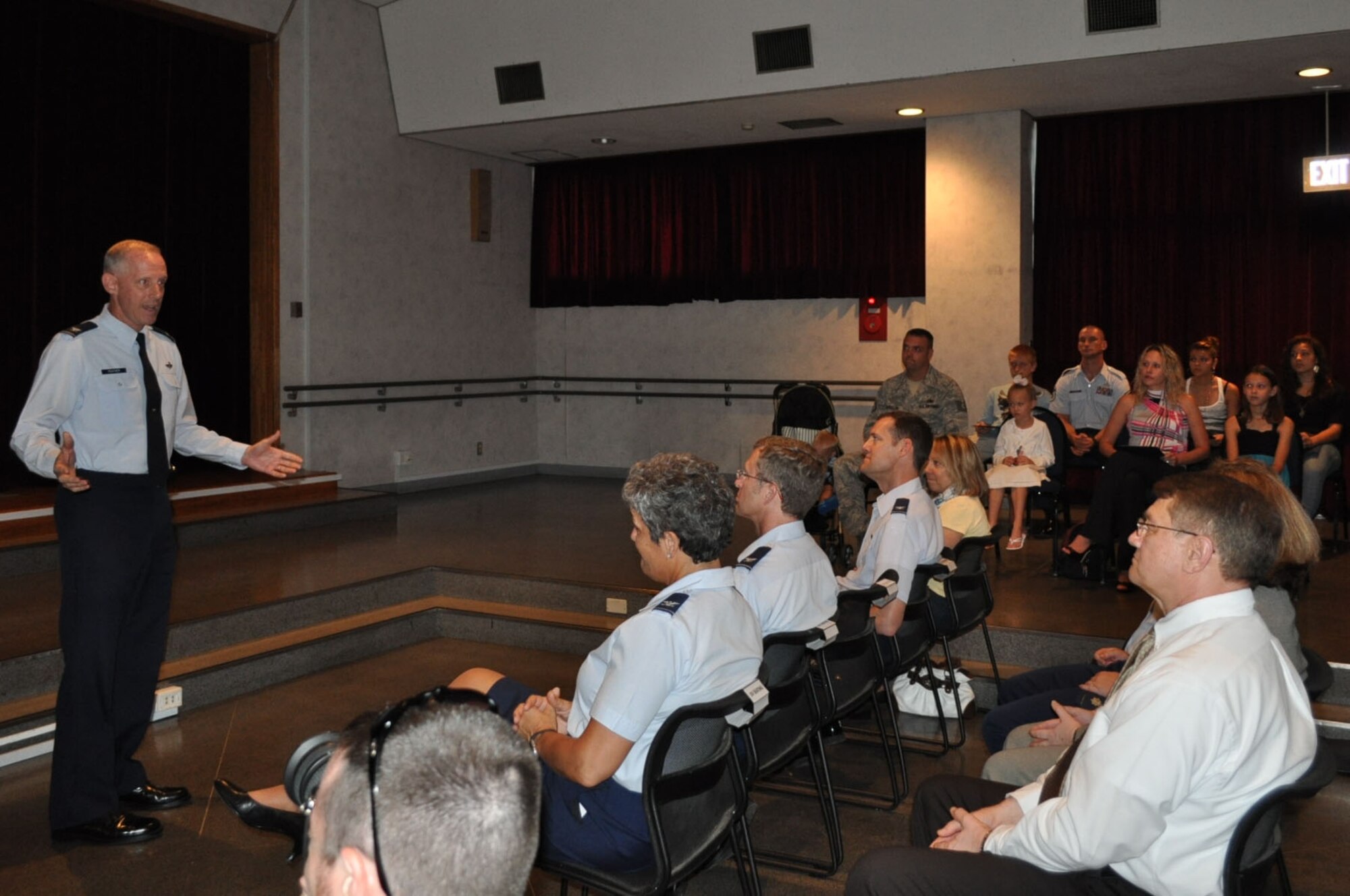 YOKOTA AIR BASE, Japan -- Col. Otto Feather, 374th Airlift Wing commander, addresses the audience at the Homefront Heroes ceremony held Aug. 8, 2011, at the Airman and Family Readiness Center at Yokota Air Base, Japan. During the ceremony, 12 children were recognized for their contributions at home while one or more parent was deployed. (U.S. Air Force photo/Airman 1st Class Desiree Economides)