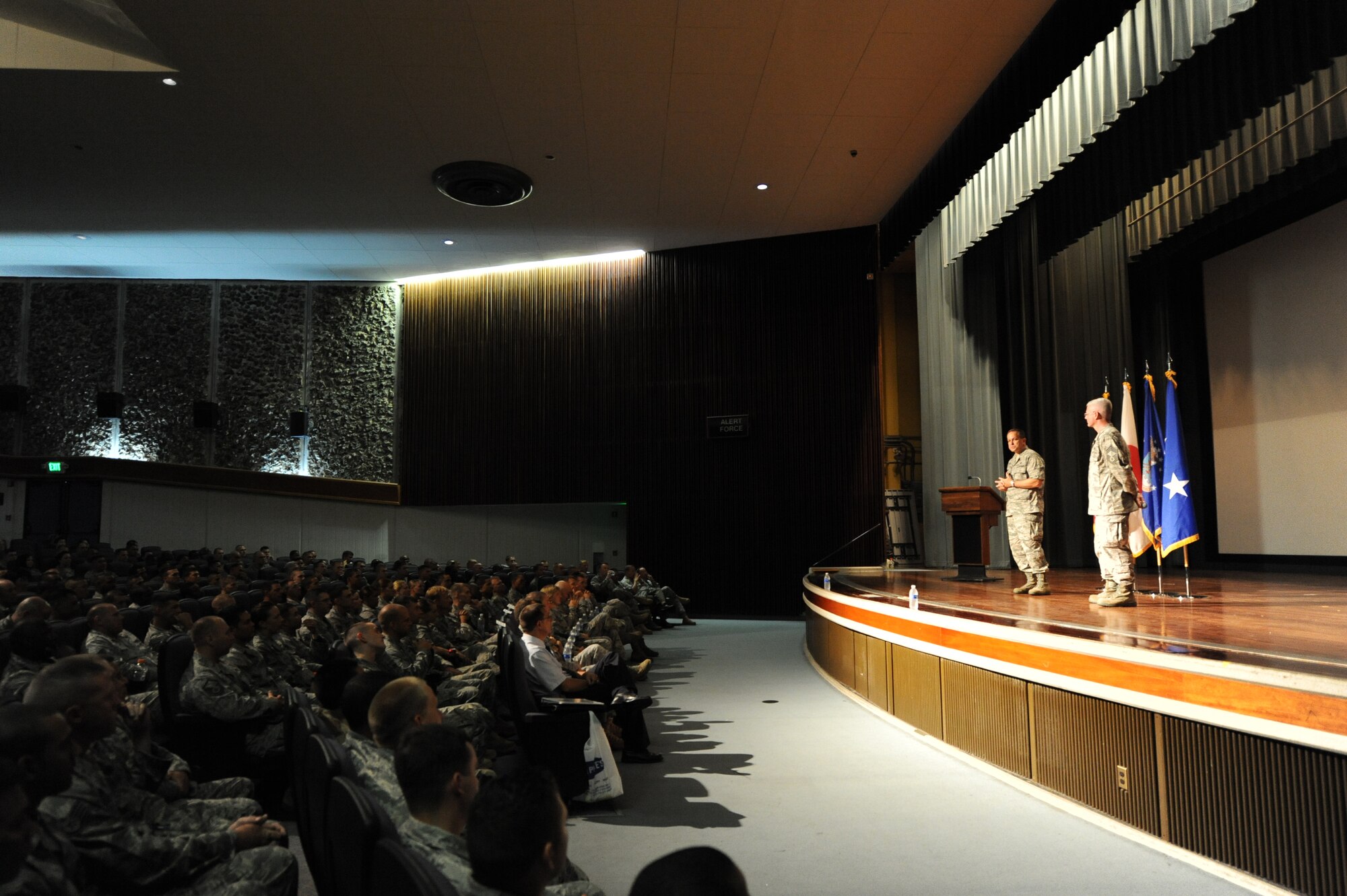 Maj. Gen. Timothy A. Byers, Air Force Civil Engineer, and Chief Master Sgt. Pat
Abbott, Office of the Civil Engineer, chief of enlisted matters, speak with members of the 18th Civil Engineer Group and 554th RED HORSE Squadron Detachment 1 during an "Engineer Call" at Kadena Air Base, Japan in July. The general and chief
traveled to bases across Japan and Korea to assess the health of installations and capabilities of engineer forces at each location. (U.S. Air Force photo/Airman 1st Class Jarvie Z. Wallace)