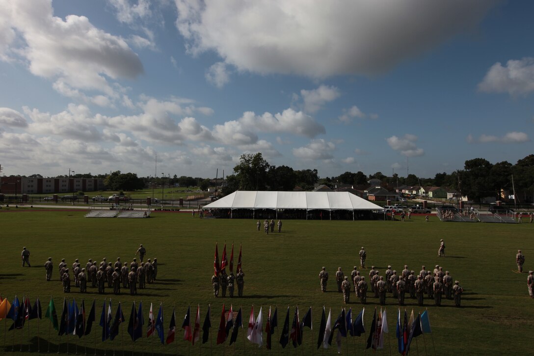 Marine Forces Reserve and Marine Forces North Marines form up Aug. 10 during an Assumption of Command ceremony at Marine Corps Support Facility New Orleans. Lt. Gen. Steven A. Hummer assumed command of MarForRes and MarForNorth after most recently completing a tour as the Director of Operations for U.S. Forces – Iraq and serving as the Chief of Staff for the Don’t Ask, Don’t Tell Repeal Implementation Team.::r::::n::(Official Marine Corps photo by Cpl. Jad Sleiman)::r::::n::