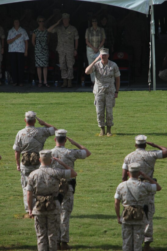 Lt. Gen. Steven A. Hummer returns a salute as the Marines and officers of Marine Forces Reserve and Marine Forces North recognize him as their new commanding general Aug. 10 during an Assumption of Command ceremony at Marine Corps Support Facility New Orleans. Marine Forces Reserve, which is composed of approximately 100,000 Marines and 183 training centers throughout the U.S., is the largest command in the Marine Corps. The previous commander of MarForRes was Lt. Gen. John F. Kelly who commanded MarForRes from October 2009 to March 2011 and is currently serving as the Senior Military Assistant to the Secretary of Defense. (Official Marine Corps photo by Cpl. Jad Sleiman)