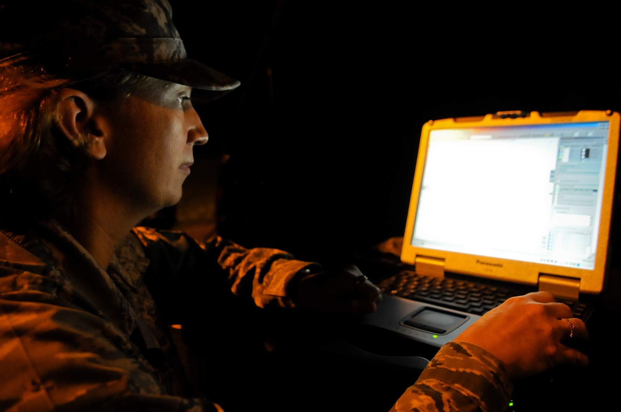 Tech. Sgt. Joan Long, 18th Aerospace Medicine Squadron training manager, checks contamination readings during Beverly High 11-6, a Local Operational Readiness Exercise on Kadena Air Base, Japan, Aug. 11. During the exercise, the 18th AMDS’s Bioenvironmental Engineering flight responded to a simulated contamination near the 18th Medical Group. (U.S. Air Force photo/Airman 1st Class Maeson L. Elleman)