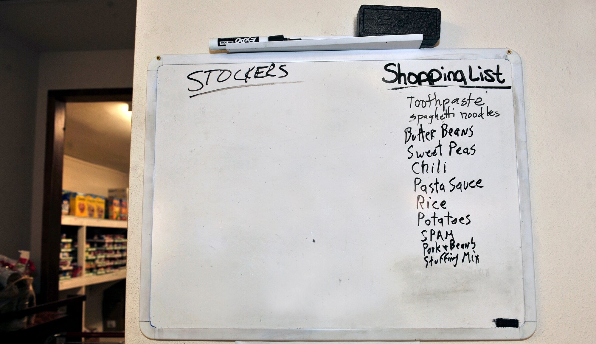 A shopping list of needed items sits in the Community Interfaith food pantry in Belleville Ill., Aug 5, 2011. The pantry is receiving donated items from people at nearby Scott Air Force Base during August as part of the Department of Defense “Feds Feeds Families” campaign. Food banks across the country are facing severe shortages of non-perishable items while children are left without school nutrition programs in the summer months. (U.S. Air Force photo/ Staff Sgt. Stephenie Wade)