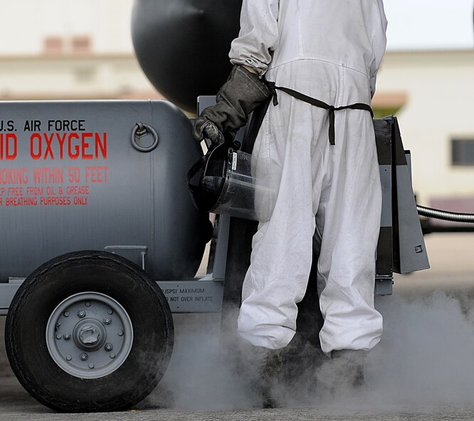 Senior Airman Dennis Gnoski, 18th Aircraft Maintenance Squadron crew chief, services a F-15 Eagle with liquid oxygen during Beverly High 11-6, a Local Operational Readiness Exercise on Kadena Air Base, Japan, Aug. 10. During the LORE, Airmen sharpen skills required during normal and contingncy operations. (U.S. Air Force photo/Staff Sgt. Christopher Hummel)