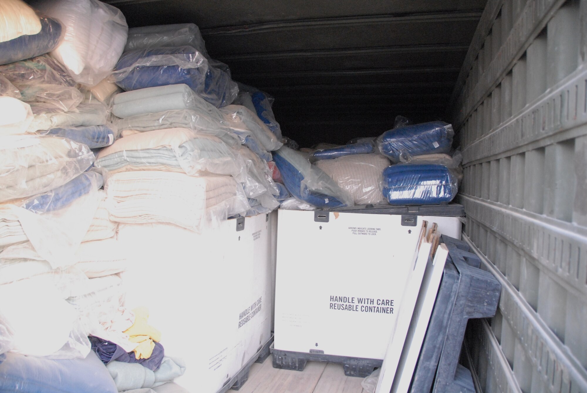 A CONNEX full of blankets will be transported to villagers in Iraq and Afghanistan in support of Operation “Woobie” (U.S. Air Force photo by Capt Greta Lewis)