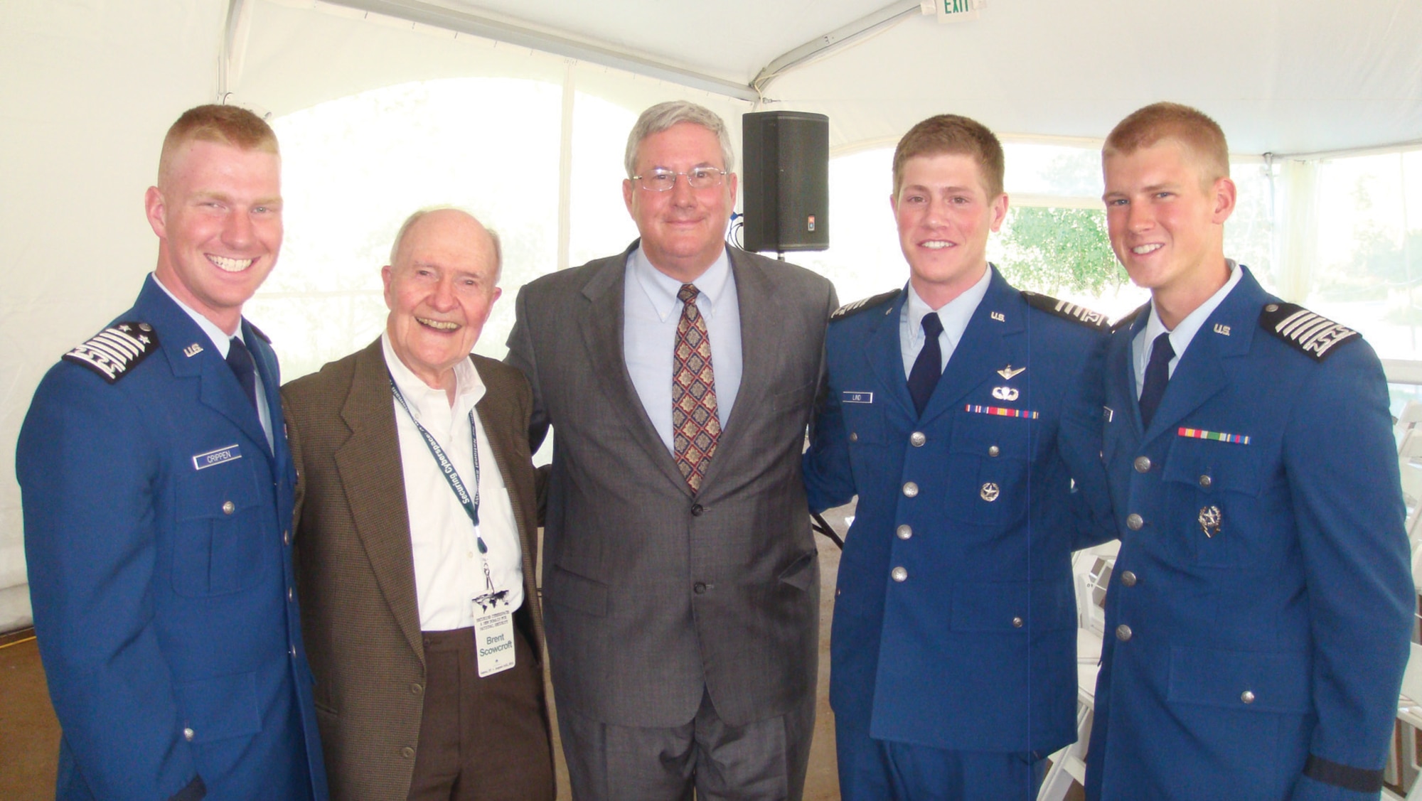 Left to right; Cadet 1st Class Zachary Crippen, Cadet Squadron 12; retired Lt. Gen. Brent Scowcroft, co-chairman of the Aspen Strategy Group; Dr. Schuyler Foerster, the Academy’s Brent Scowcroft professor for national security studies; Cadet 1st Class Peter Lind, CS15; and Cadet 1st Class Nathan Betcher, CS25, pose for a photo at the Aspen Institute Saturday.  (U.S. Air Force Photo)
