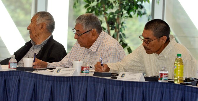 From left: Richard Antelope, Hubert Friday and Eugene Beaverheart listen to a briefing on sites of possible cultural interest during a consultation with the 10th Air Base Wing at the Air Force Academy Aug. 9, 2011. Antelope and Friday represent the Northern Arapaho Tribe, and Beaverheart represents the Northern Cheyenne Tribe. Six other tribes also attended the two-day event. (U.S. Air Force photo/Bill Evans)