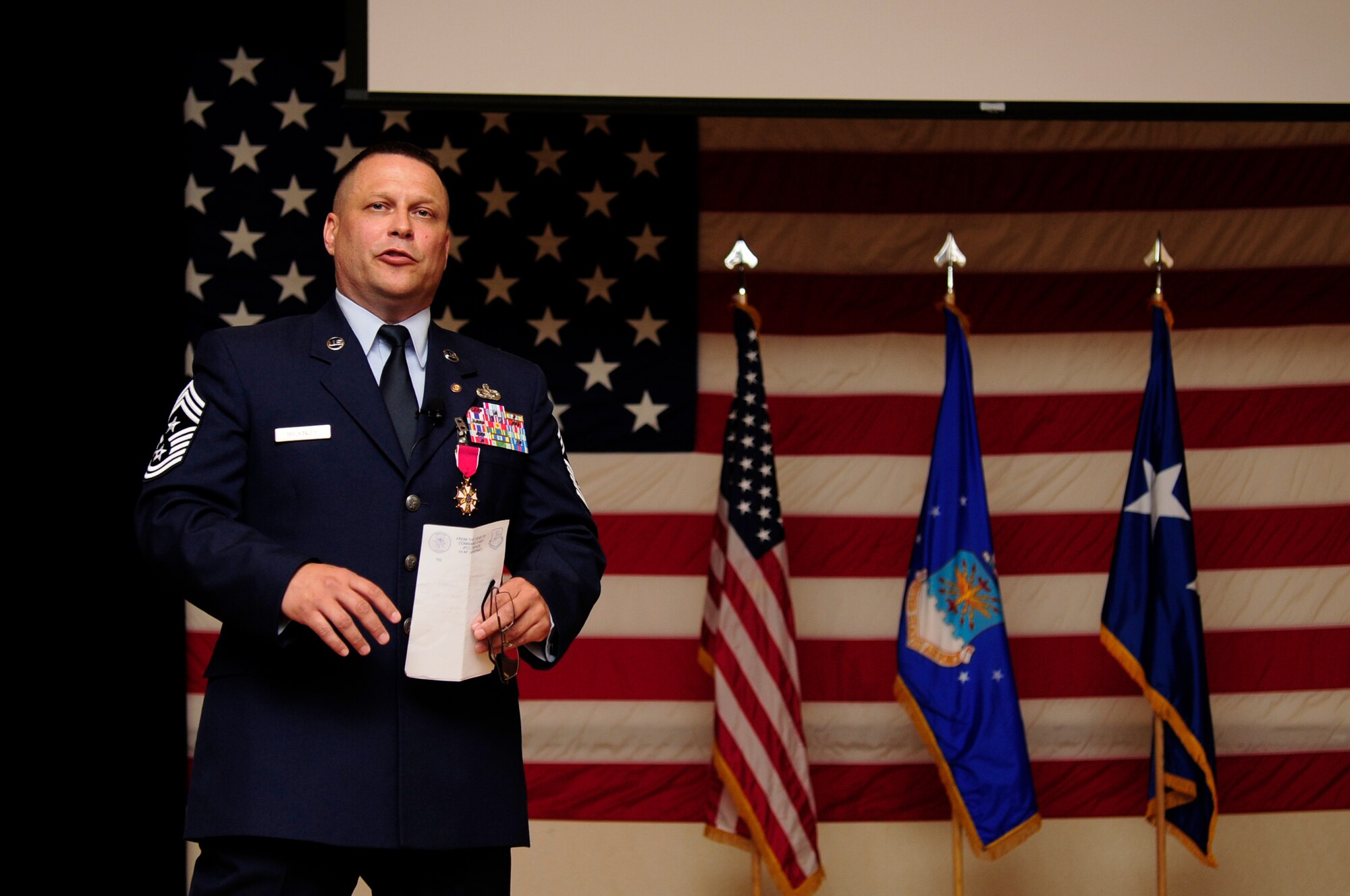 VANDENBERG AIR FORCE BASE, Calif. – Chief Master Sgt. James A. MacKinley, the 14th Air Force former command chief, speaks during his retirement ceremony at the Pacific Coast Club here Friday, Aug. 12, 2011. Chief MacKinley ends his military career after 30 years of service. (U.S. Air Force photo/Senior Airman Lael Huss)