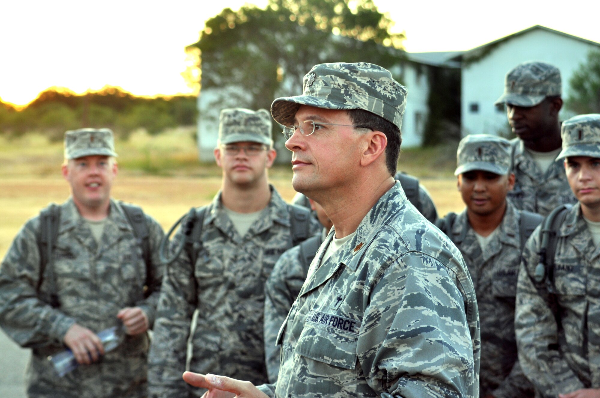 Chaplain (Maj.) Michael Seaman fields questions from Chaplain candidates following a mock terrorist attack during a training segment for the 2011 Chaplain candidate class at Fort Wolters, Army base.  The candidates, on a compressed month long schedule with stops at five Air Force bases, spent two days at the base for training and briefings as part of their candidate training in conjunction with training at the 301st Fighter Wing.  (U.S. Air Force photo/Staff Sgt Chris Bolen)

