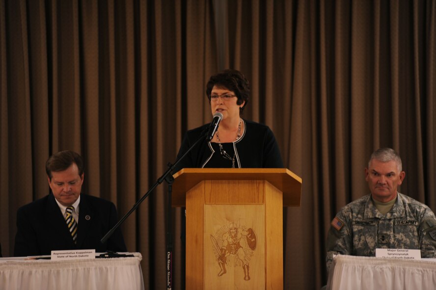 U.S. Rep. Karen Karls speaks at a conference that marked the beginning of the Interstate Compact on Educational Opportunity for Military Families on Grand Forks Air Force Base Aug 12. This compact eases the transition for children in military families that go from school to school as a result of military mission requirements. (U.S. Air Force photo by Senior Airman Amanda N. Stencil)