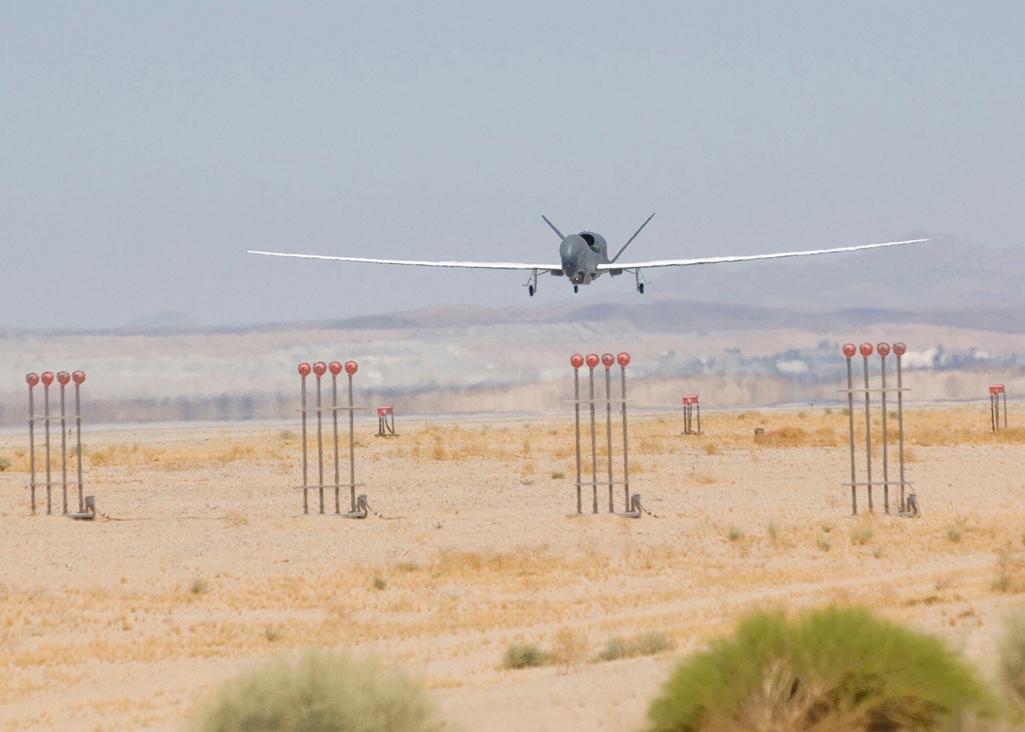 A Global Hawk Block 40 in flight at Edwards Air Force Base, Calif. The Electronic Systems Center's Multi-Platform Radar Technology Insertion Program, or MP-RTIP, sensor recently completed its first flights on Global Hawk Block 40.  (Courtesy photo)