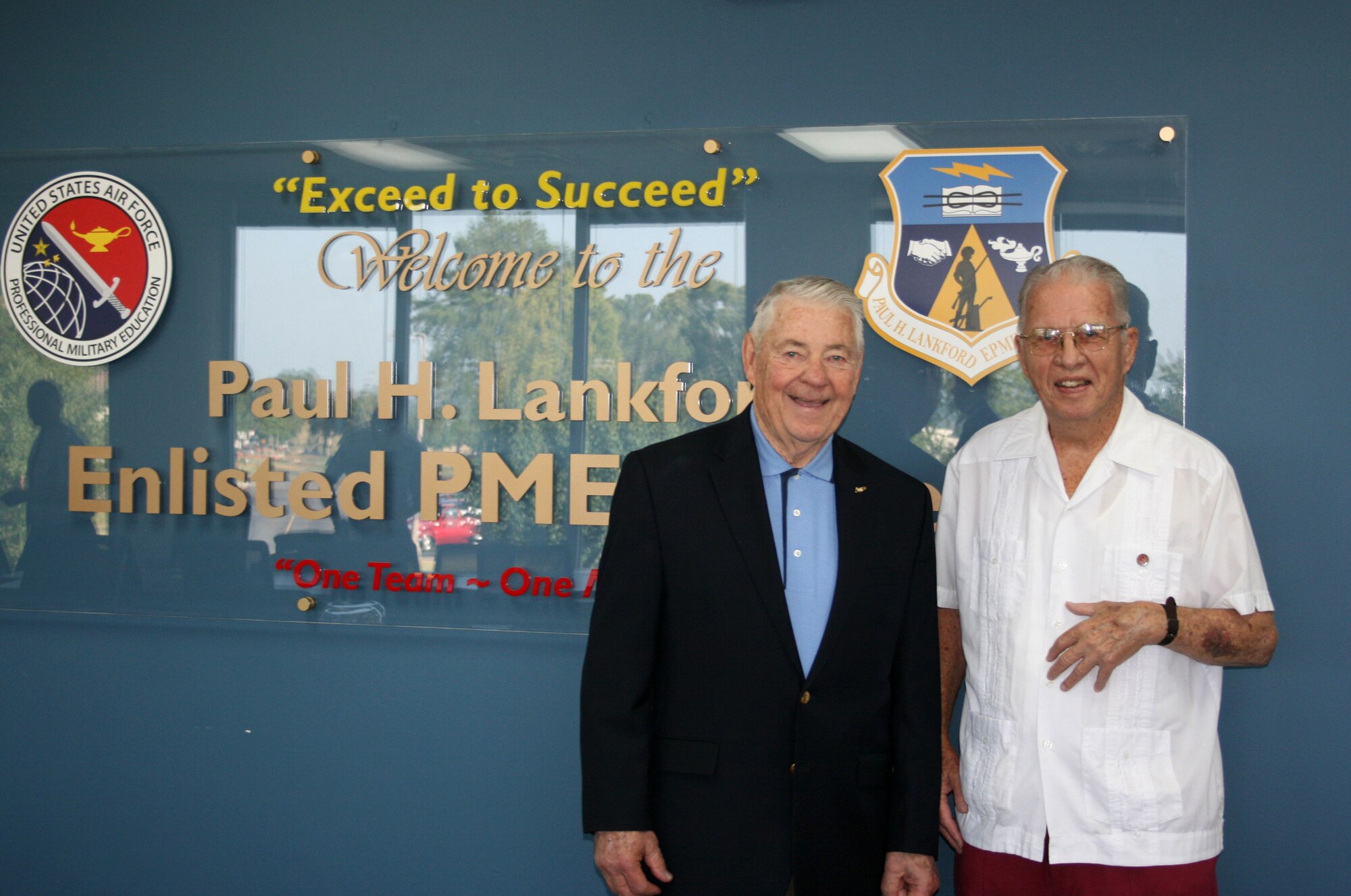 McGHEE TYSON AIR NATIONAL GUARD BASE, Tenn. - Retired Chief Master Sgt. of the Air Force Robert Gaylor, left, and retired Col. Edmund Morrisey, right, the first commander of The I.G. Brown Air National Guard Training and Education Center visit the Paul H. Lankford Enlisted Professional Military Education Center here, August 3, 2011.  Chief Master Sgt. of the Air Force Gaylor was the guest speaker for the graduation ceremony of NCO Academy Class 11-6.  (Photograph by Katherine A. Felch/Released)