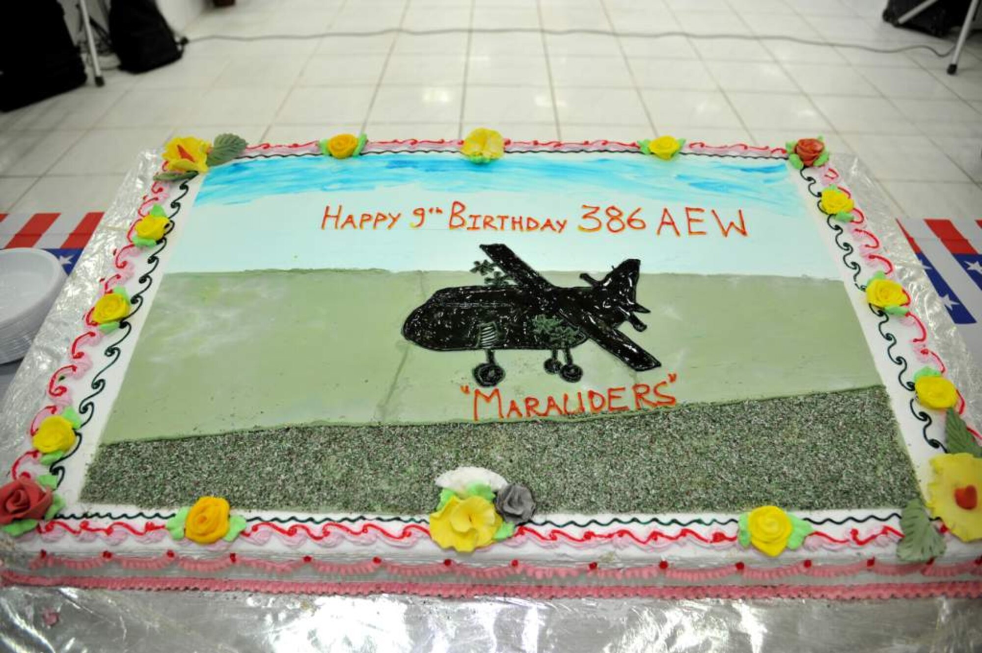 A birthday cake was made by the dining facility staff to commemorate the redesignation of the 386th from an Air Expeditionary Group to an Air Expeditionary Wing. (U.S. Air Force photo by MSgt Carlotta Holley)