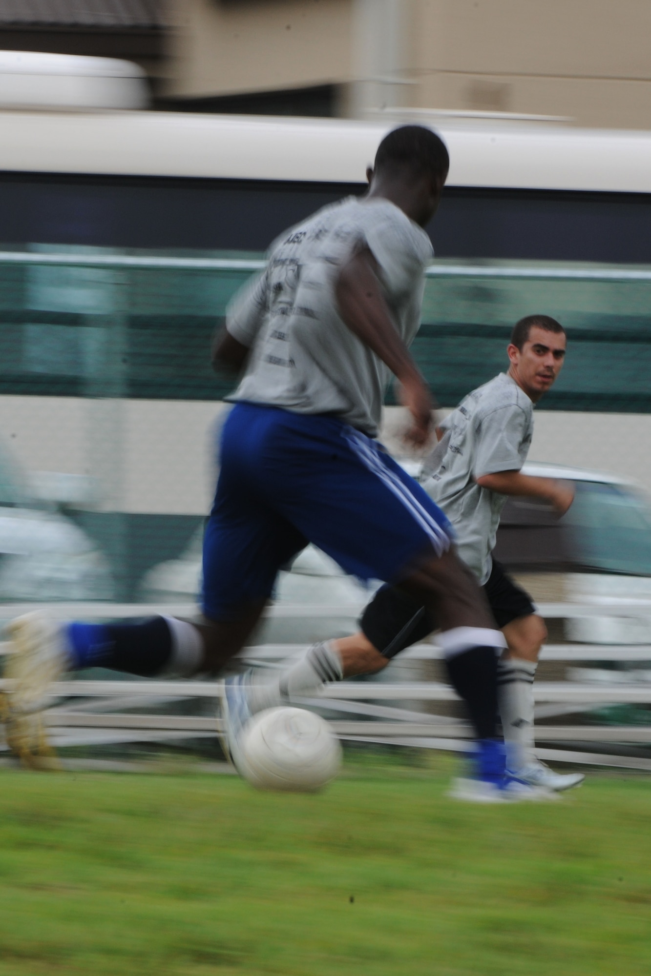 KUNSAN AIR BASE, Republic of Korea -- Airmen participate in a game of soccer during the Kunsan vs Osan sports day here Aug. 12. Airmen from both bases competed in different sports including basketball, football, volleyball and dodgeball. (U.S. Air Force photo/Senior Airman Brittany Y. Bateman)