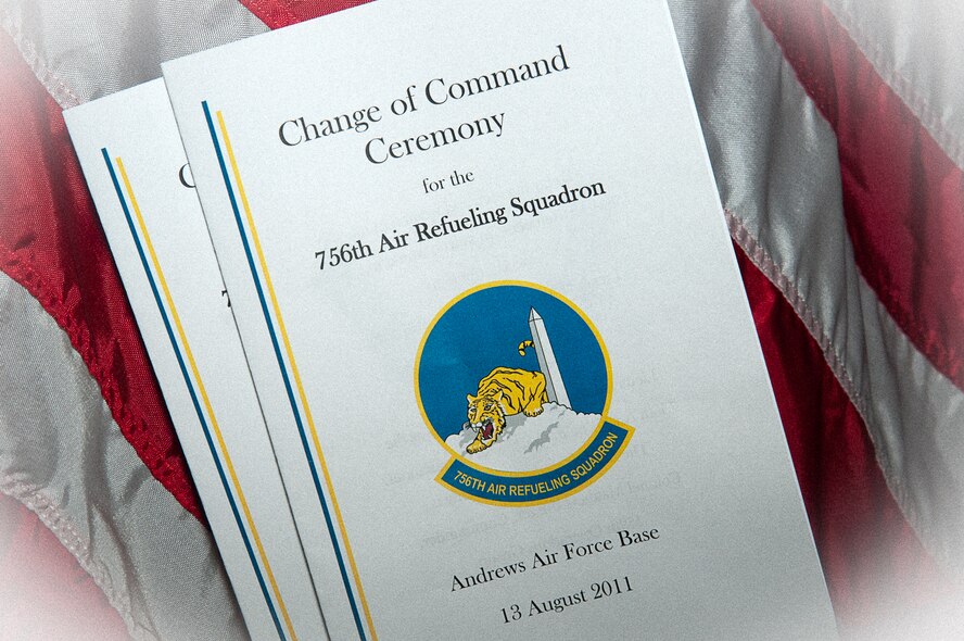 JOINT BASE ANDREWS, Md. -- The 756th Air Refueling Squadron pays tribute to Lt. Col. Stephen Browning as he becomes deputy commander of the 459th Operations Group and welcomes Lt. Col. Mark Deresky as the new 756th ARS commander in a change of command ceremony here Aug. 13, 2011. (U.S. Air Force photo/Staff Sgt. Sophia Piellusch)