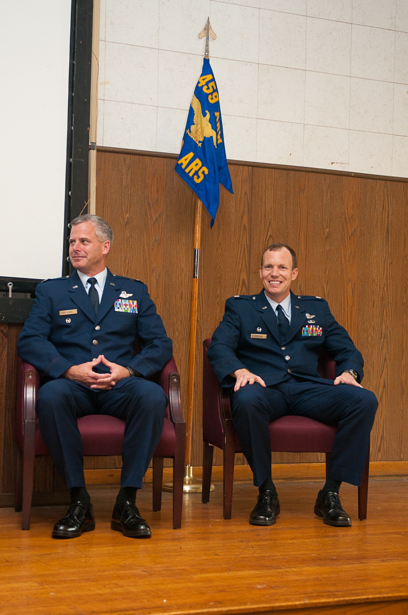 JOINT BASE ANDREWS, Md. -- Col. Matthew J. Burger, 459th Operations Group commander presides over a 756th Air Refueling Squadron change of command ceremony here Aug. 13, 2011. The 756th ARS paid tribute to Lt. Col. Stephen Browning as he becomes deputy commander of the 459th Operations Group and welcomes Lt. Col. Mark Deresky as the new 756th ARS commander. (U.S. Air Force photo/Staff Sgt. Sophia Piellusch)