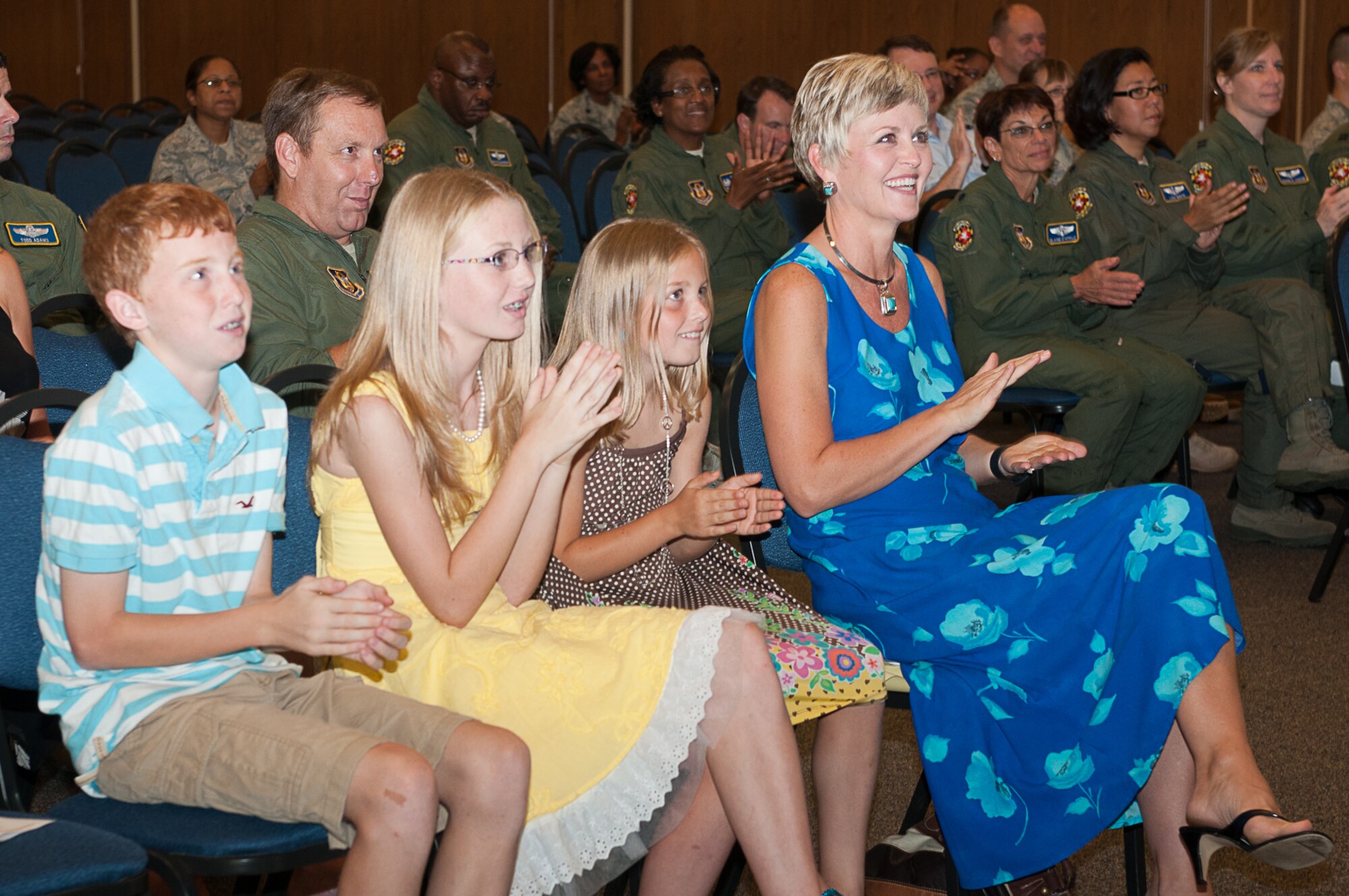 JOINT BASE ANDREWS, Md. – Lt. Col. Mark Deresky's wife, Sherry, and children Jacob, Sarah and Rachel attend a change of command ceremony for the 756th Air Refueling Squadron here Aug. 13, 2011. The 756th ARS paid tribute to Lt. Col. Stephen Browning as he becomes deputy commander of the 459th Operations Group and welcomes Colnel Deresky as the new 756th ARS commander. (U.S. Air Force photo/Staff Sgt. Sophia Piellusch)