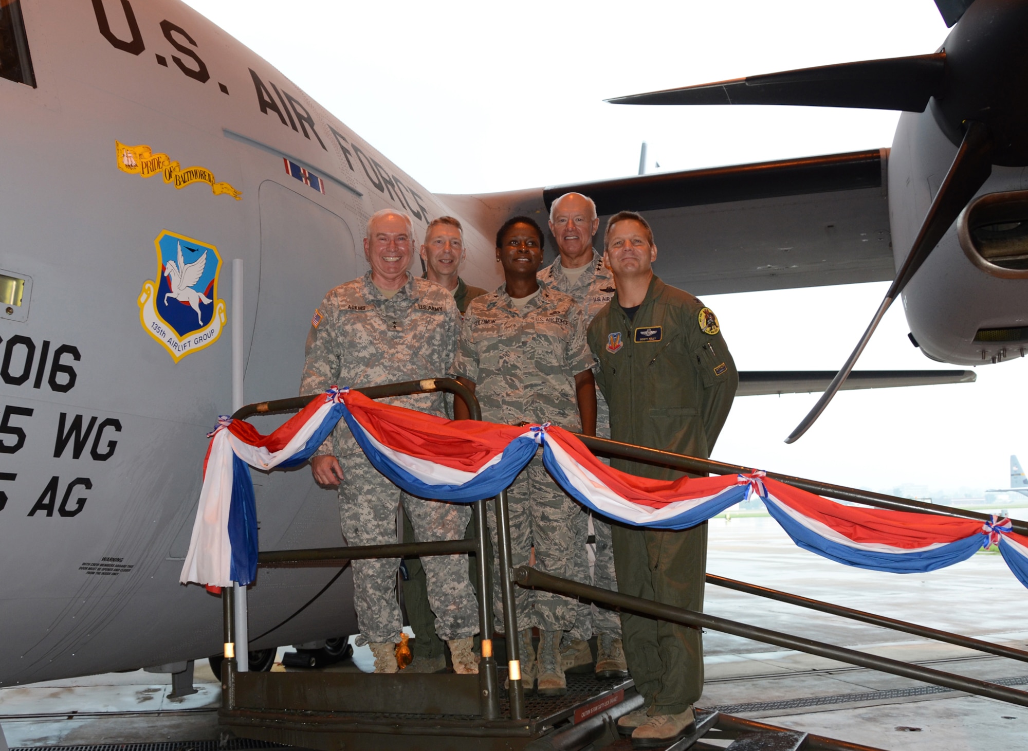 Maj. Gen. James A. Adkins, Adjutant General, Col. Thomas E. Hans, Commander 135th Airlift Group, Brig. Gen. Allyson R. Solomon, the Assistant Adjutant General for Air Maryland Air National Guard, Lt. Gen. Harry M. Wyatt III, Director, Air National Guard and Col. Scott L. Kelly, commander of the 175th Wing Maryland Air National Guard stand together after the christening of the C-27J Spartan.  On August 13, 2011, the 175th Wing held an arrival ceremony at Warfield Air National Guard Base.  The ceremony marked a transition from the C-130J Hercules to the C-27J Spartan.  (U.S. Air Force photo by Staff Sgt. Benjamin Hughes/RELEASED)