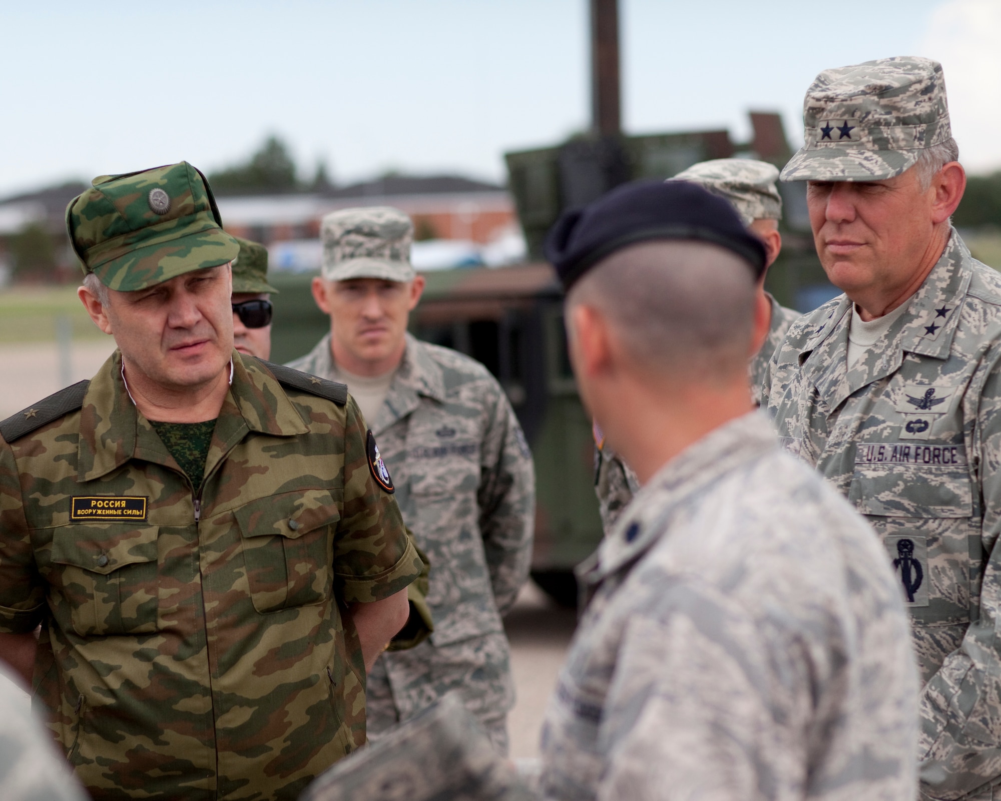 Maj. Gen. C. Donald Alston, 20th Air Force Commander and Brig. Gen. Vladimir Iskulov , Glavnoye Razedyvatel’noye Upravleniye directorate chief, Russian Federation Minister of Defense General Staff receive a briefing during Crimson Rider August 9, 2011.  The most significant goal of Crimson Rider ‘11 is to enhance the cooperation and exchange of best practices in regards to securing nuclear resources. (U.S. Air Force photo by Matt Bilden)