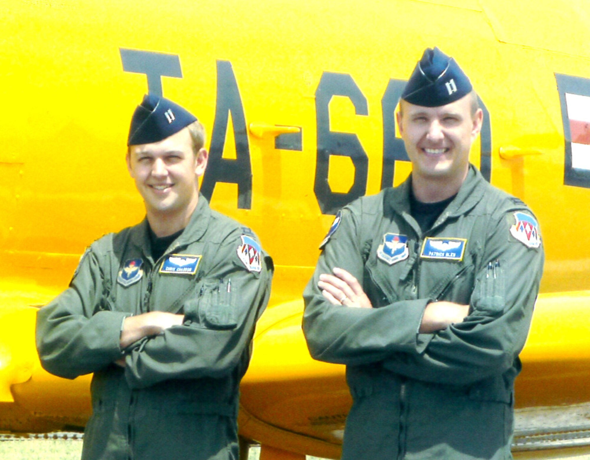 Capt. Chris Charron, left, and Capt. Pat Glen graduated from the 3rd Fighter Training Squadron’s Fighter Fundamentals Class 11-JBV, on Aug. 14, at Vance AFB, Okla. (Courtesy photo)