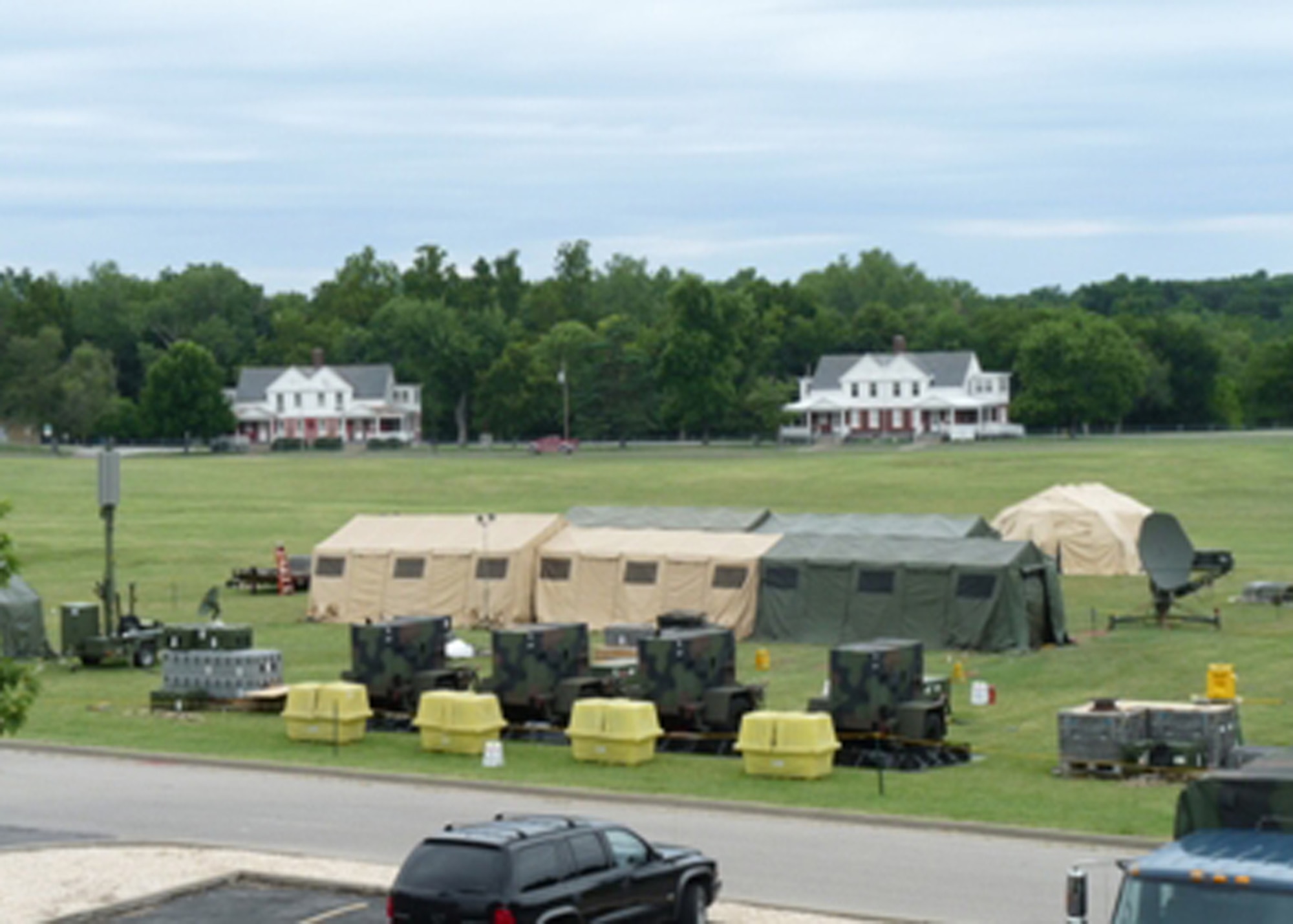 As part of the their annual training exercises, Airmen of the 239th Combat Communications Squadron, Missouri Air National Guard, erected this high-tech field communications station at Jefferson Barracks in under seven hours. (Photo by Bill Phelan) 