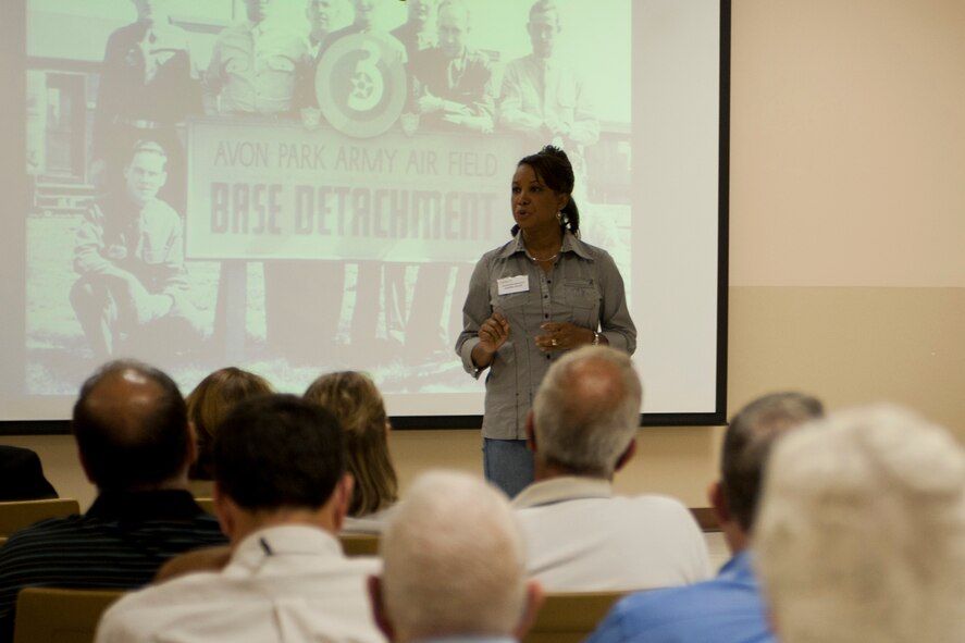 Florida Lt. Gov. Jennifer Carroll talks to a group of government and civilian partners of during an event held at Avon Park Air Force Range, Fla., Aug. 2, 2011. Carroll educated partner agencies on the importance of military base buffering not only for sustainability of military operations but for the conservation of undeveloped natural lands. (U.S. Air Force photo by Andrea Thacker/Released)