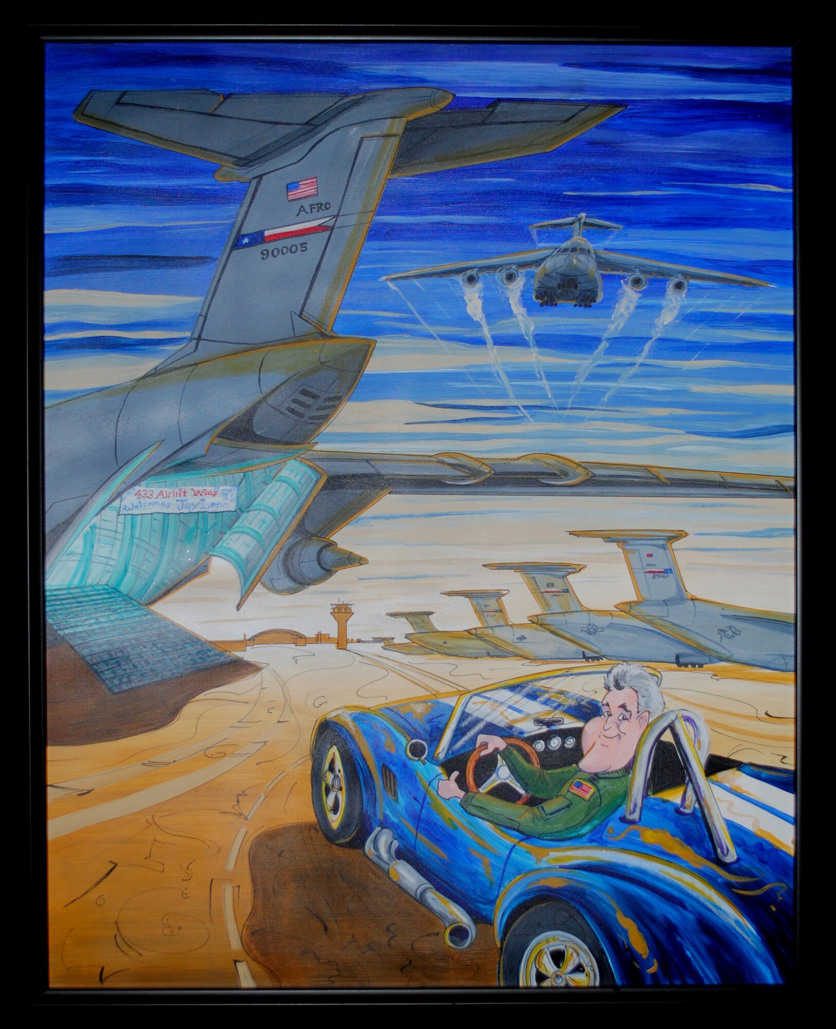 Shown here is the first-place-winning painting of the 433rd Airlift Wing Jay Leno Art Contest created by Army 1st Lt. Kyle Hermanson, from the 69th Air Defense Brigade at Ft. Hood, Texas. The art contest was hosted by the 433rd Airlift Wing as part of local promotional campaign for Jay Leno's, "Tour for the Troops" performance at Lackland's base operations hangar. "Tour for the Troops," is part of the Air Force Reserve Command's "Get 1 Now," recruiting program. Lt. Hermanson said it took him to three days to finish the 18 x 24-inch; acrylic and ink art work. (U.S. Air Force photo/Senior Airman Luis Loza Gutierrez)