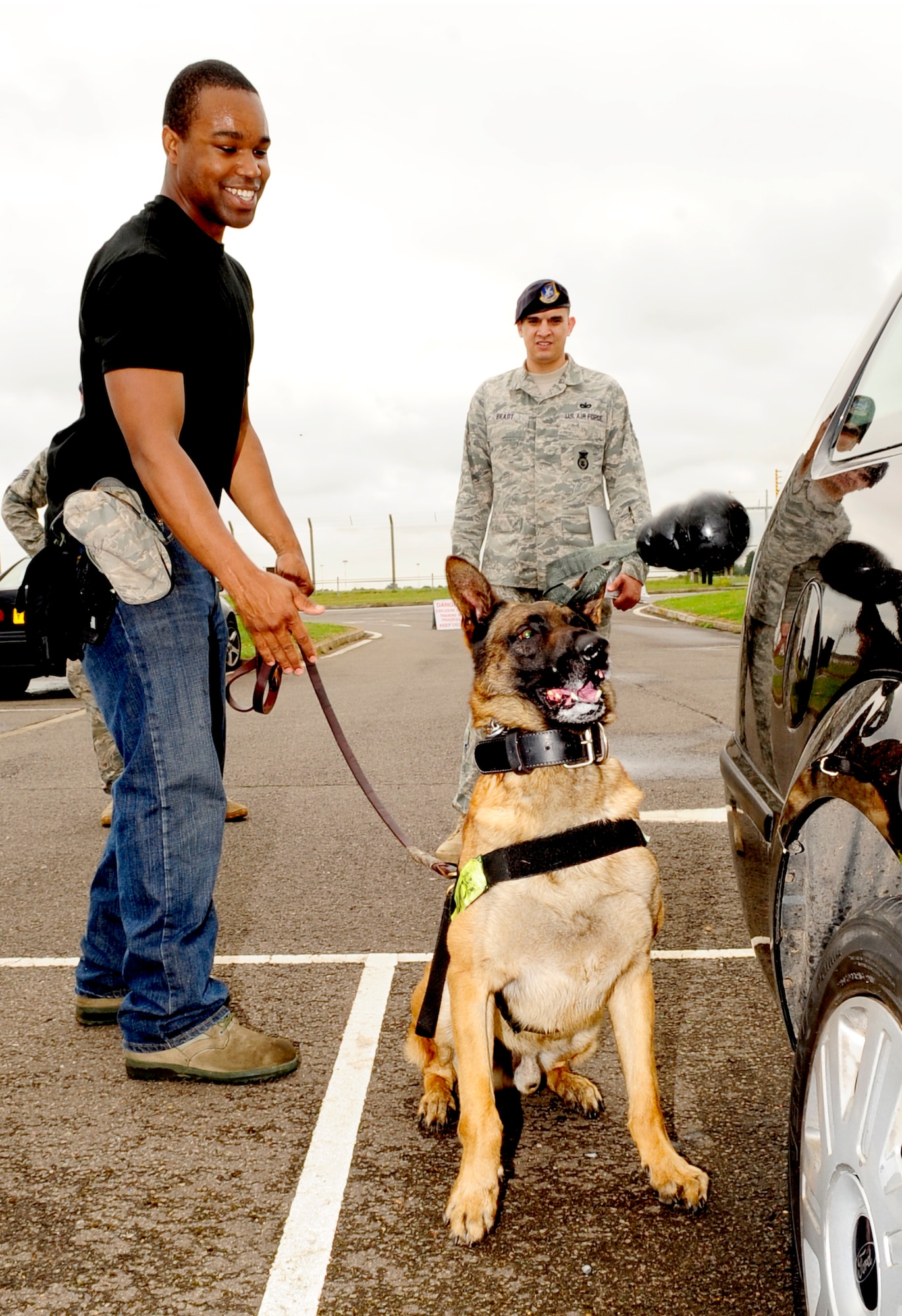 RAF MILDENHALL, England – Staff Sgt. Billy Lofton, 100th Security Forces Squadron military working dog handler, throws MWD Ootto a Kong toy as a reward for finding contraband during a training exercise here Aug. 12, 2011. The toy is given to the MWD as his primary reward after successfully finding his target. (U.S. Air Force photo/Senior Airman Ethan Morgan)
