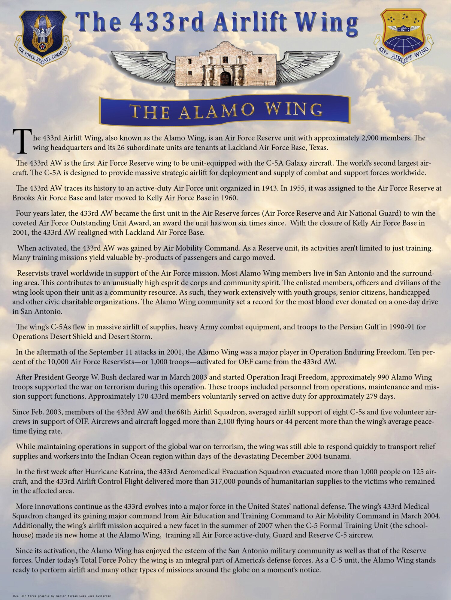 433rd Airlift Wing brief history poster. Created July 20, 2011. (U.S. Air Force graphic/Senior Airman Luis Loza Gutierrez)