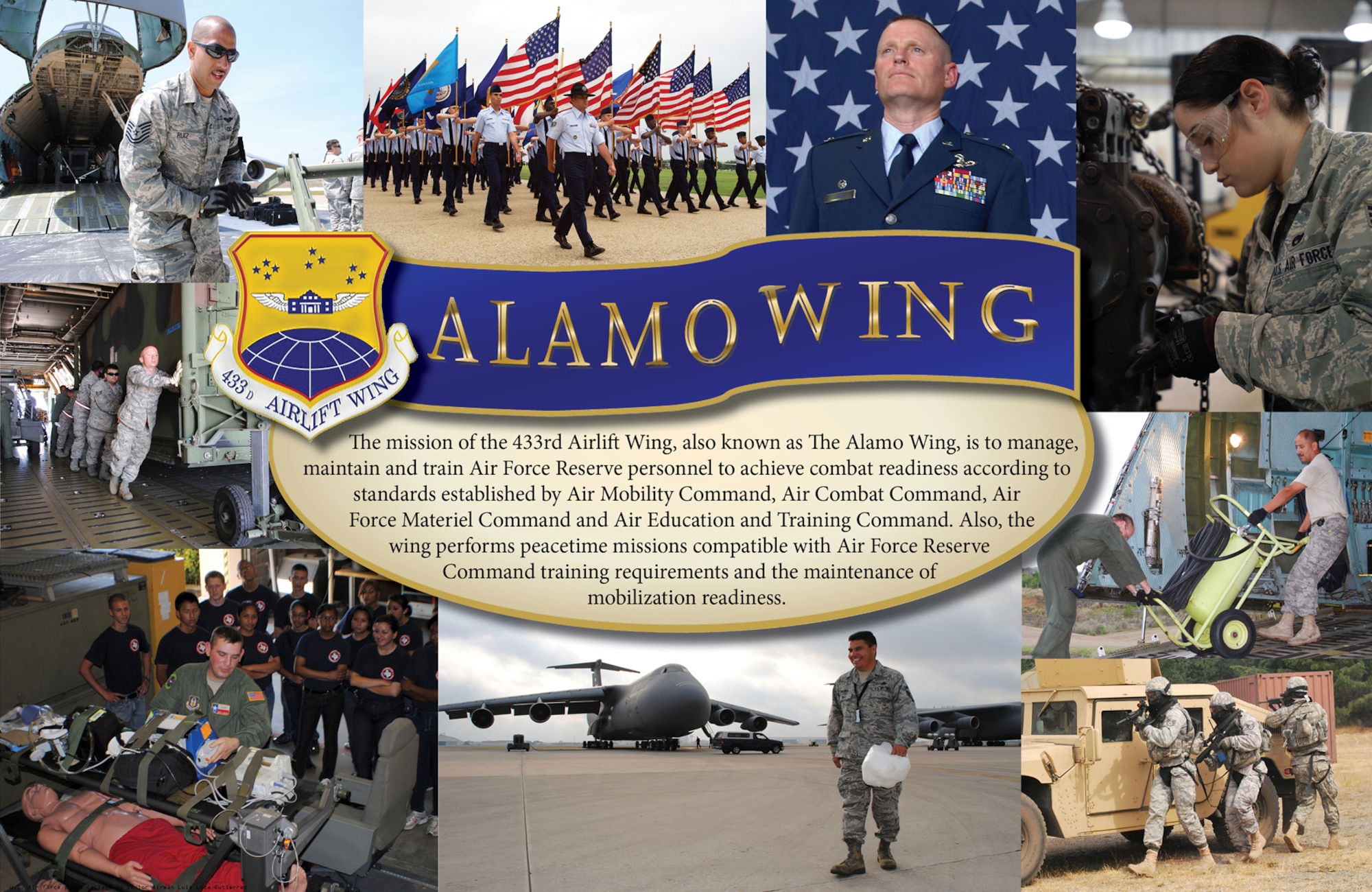 433rd Airlift Wing photo collage representing overall general unit activities and members. Created July 20, 2011. (U.S. Air Force graphic/Senior Airman Luis Loza Gutierrez)