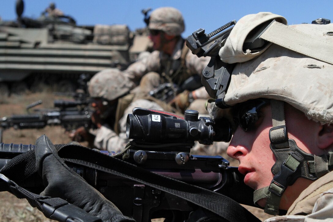 Lance Cpl. Jeremy Phares, rifleman, sights in Aug. 15 during a live-fire exercise here with Company L, one of three rifle companies in Battalion Landing Team 3/1, the ground combat element for the 11th Marine Expeditionary Unit. Company L spent five days in the field during the unit’s first sea-based training since becoming a complete Marine air ground task force in May. The company disembarked USS New Orleans off Pendleton’s coast and was driven ashore by amphibious assault vehicles. A platoon of tracked vehicles from 3rd Assault Amphibian Battalion, Camp Pendleton, reinforces the Pendleton-based 3rd Battalion, 1st Marines. The platoon provides the go-to means of maneuver for Company L. Phares is a 22-year-old Orange, Texas, native.