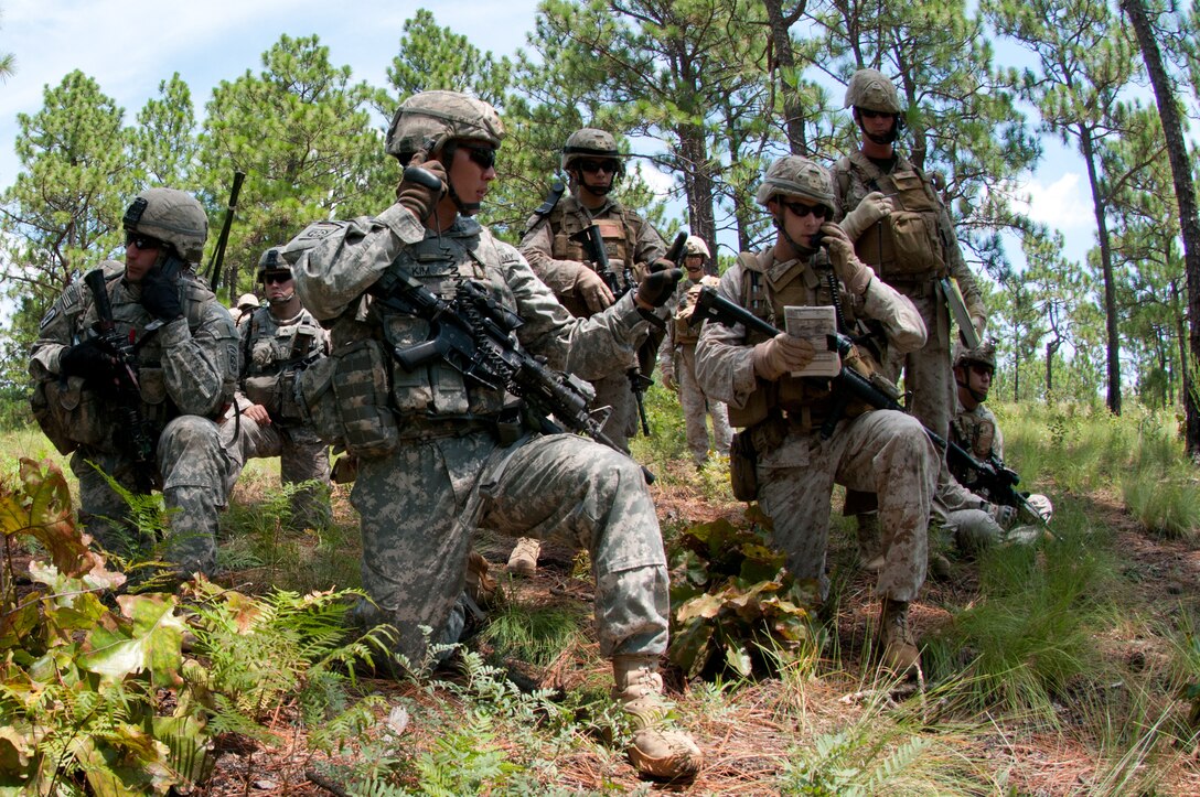 Marines with 1st Brigade Platoon, 2nd Air Naval Gunfire Liaison Company, 2nd Marine Expeditionary Force, control air assets alongside Army soldiers with 1st Brigade Combat Team, 82nd Airborne Division, during the Walk-and-Shoot training exercise aboard Army Base Fort Bragg, N.C., Aug. 16. Despite the difficulties of learning to overcome the differences between the 82nd Airborne and themselves, the Marines were able to gain a lot of knowledge about how the Army operates as well as showcase ANGLICO’s capabilities with air and artillery support.