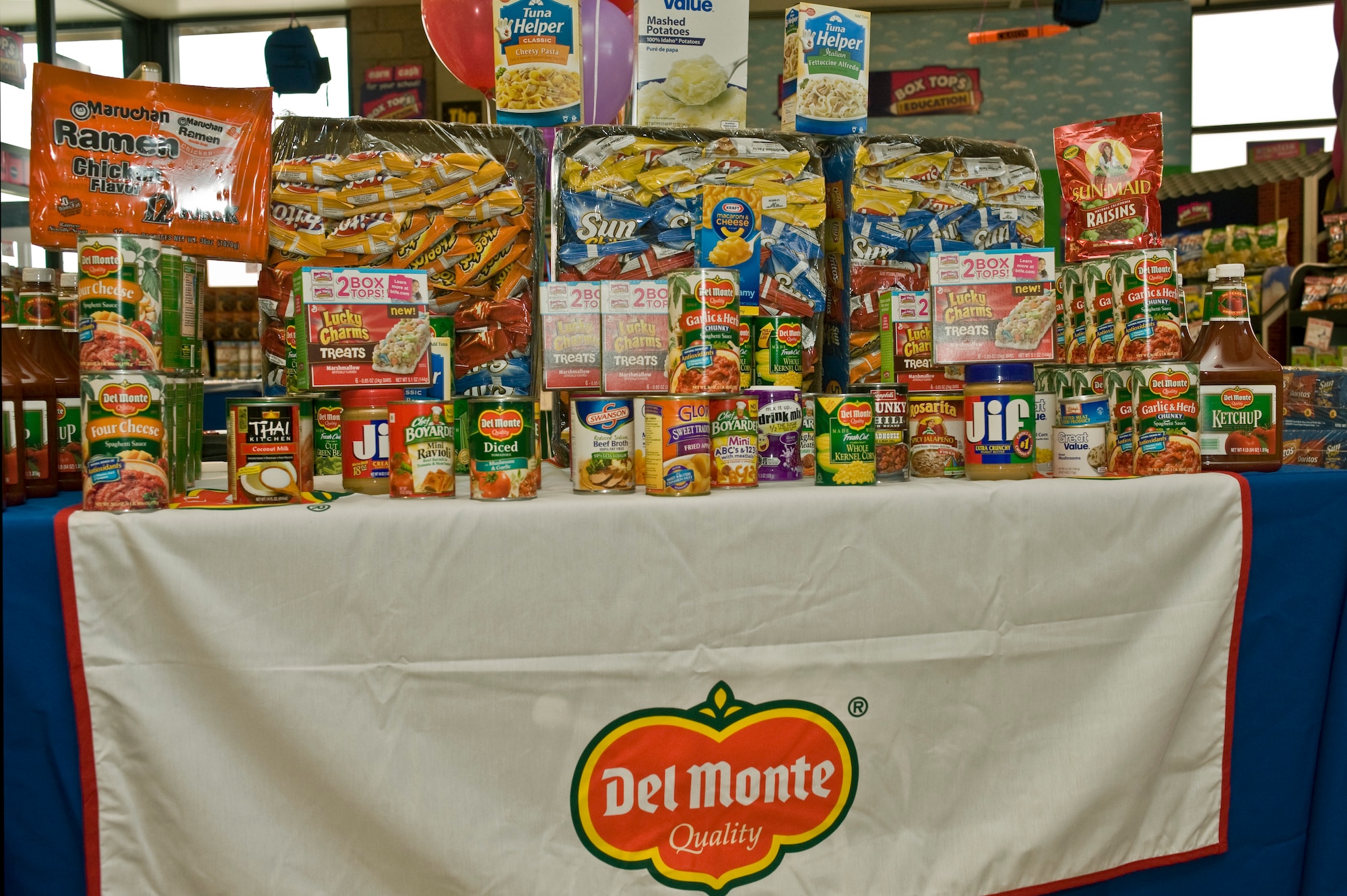 Donated food displayed at the Nellis Air Force Base Commissary, Aug. 12, 2011, at Nellis AFB, Nev.  The base commissary is serving as a collection point for this year's "Feds Feed Families" food drive campaign.  Donations will be accepted until Aug. 31, 2011. (U.S. Air Force photo by Airman 1st Class Matthew Lancaster)

