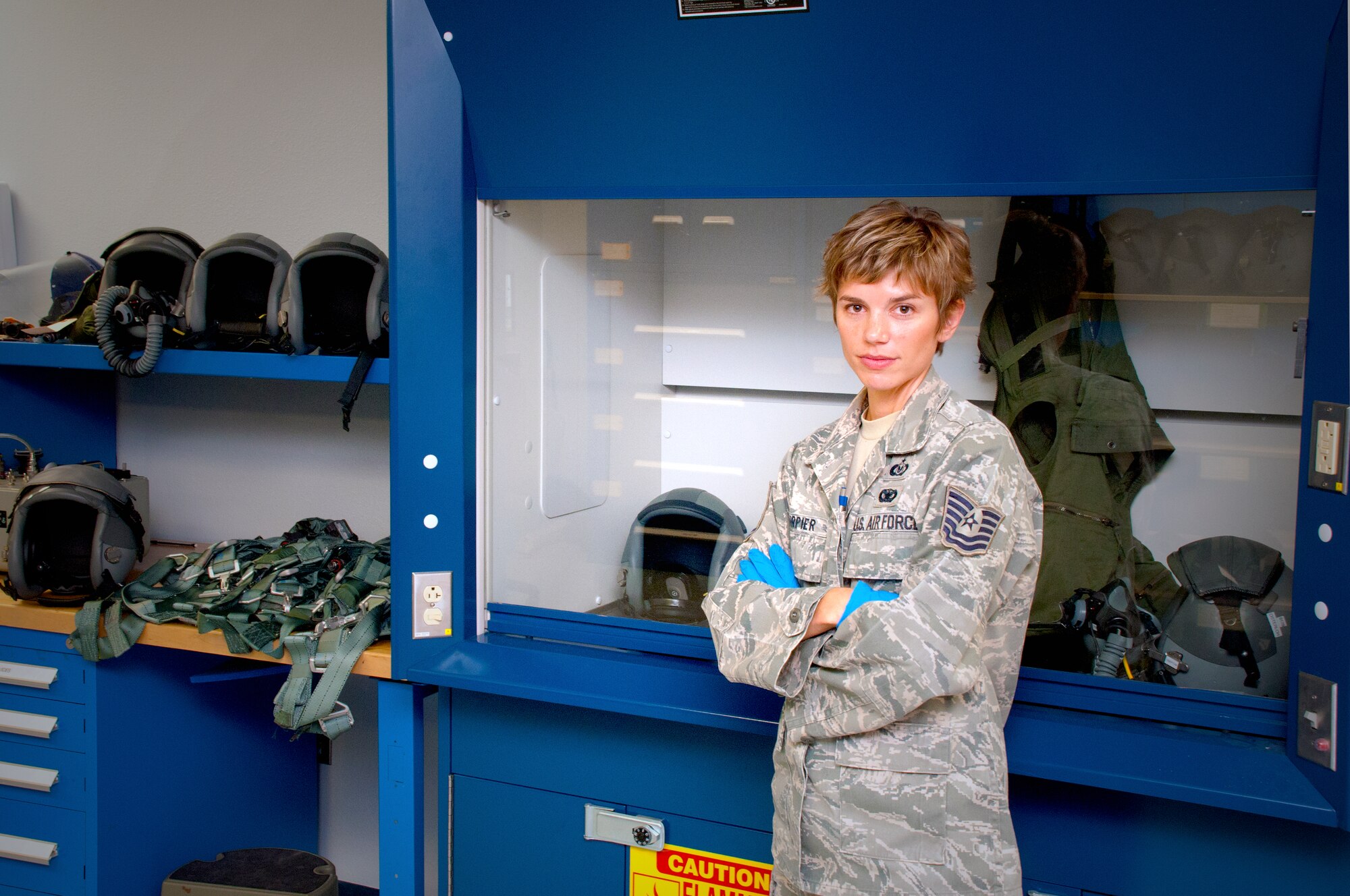 LAUGHLIN AIR FORCE BASE, Texas – Tech. Sgt. Denise Kurpier, 47th Operations Support Squadron Aircrew Flight Equipment quality assurance inspector, conducts quality insurance checks on initial build up helmets here Aug. 16. Kurpier was recently named the by the Air Force as the Aircrew Flight Equipment NCO of the Year. (U.S. Air Force photo by Senior Airman Scott Saldukas)