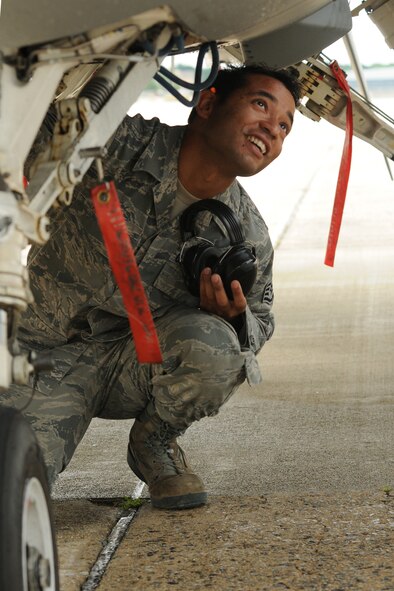 Staff Sergeant Glenn G. Meyers conducts aircraft recovery procedures on an transient F-16C Fighting Falcon, Pease Air National Guard Base, New Hampshire, August 16, 2011.  Sergeant Meyers is a crew chief assigned to the 157th Aircraft Maintenace Squadron here at Pease.  The F-16 is from the 158th Fighter Wing, Vermont Air National Guard, Burlington, VT.   The aircraft was on static display during the Portsmouth NH Air Show August 13-14. (U.S. Air Force photo/Staff. Sgt. Curtis J. Lenz) (RELEASED)