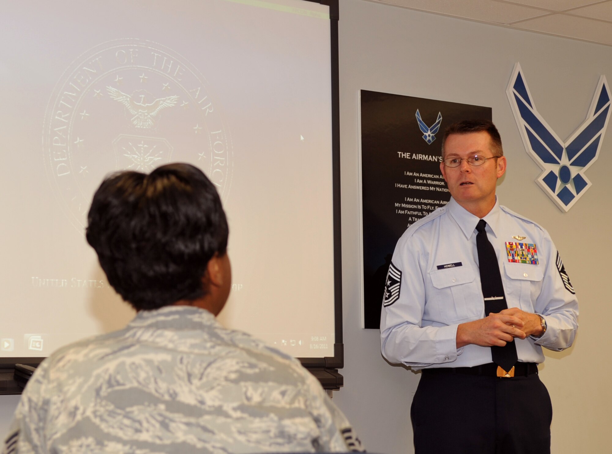Chief Master Sgt. Kevin Howell, 633rd Air Base Wing command chief, speaks to an NCO professional enhancement class about leadership at Langley Air Force Base Aug. 16, 2011. Howell said one of his major concern as the wing’s command chief is the professional development of Langley’s Airmen. (U.S. Air Force photo by Staff Sgt. Logan Tuttle/Released)