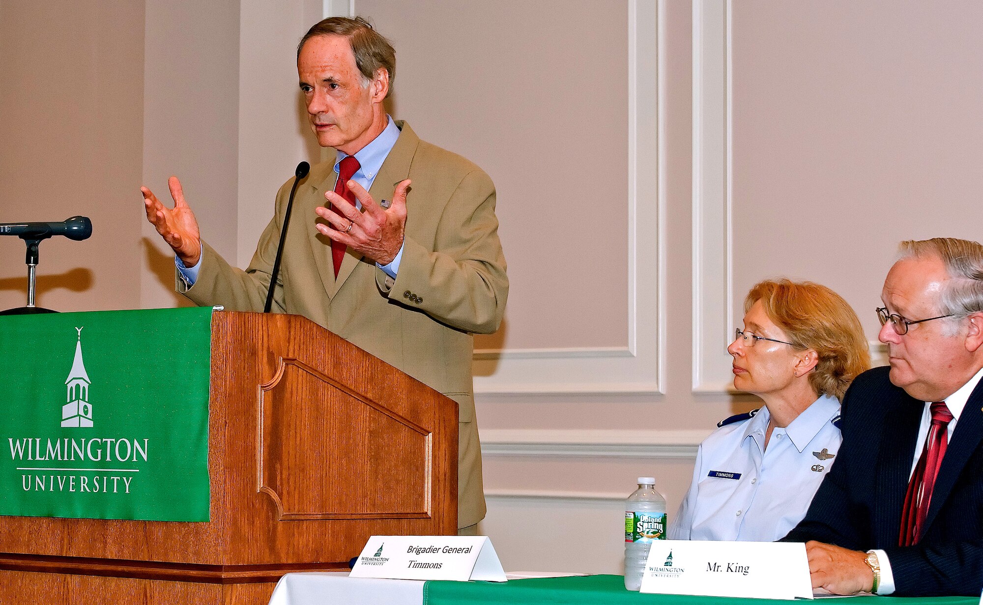 Sen. Tom Carper of Delaware (left) addresses representatives of local universities as Brig. Gen. Carol Timmons, the director of joint staff for the Delaware National Guard, and Robert King, the chief of force development with the 436th Force Support Squadron, listen Aug. 10, 2011, at Wilmington University in Dover, Del. The panel, consisting of distinguished local and national leaders, held the conference to discuss changes to the Post-9/11 GI Bill.  (U.S. Air Force photo by Airman 1st Class Samuel Taylor)