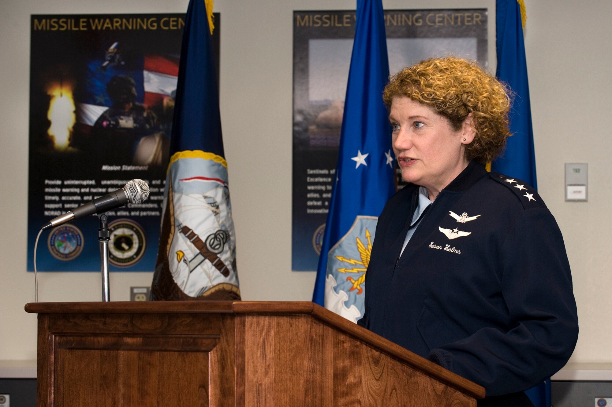 Lt. Gen. Susan Helms, 14th Air Force commander, addresses those in attendance at the Joint Functional Component Command for Space Missile Warning Center ribbon cutting ceremony, Aug. 5, 2011, at Cheyenne Mountain Air Force Station. The event commemorated the completion of a $2.9 million renovation to the center. (U.S. Air Force photo/Craig Denton)