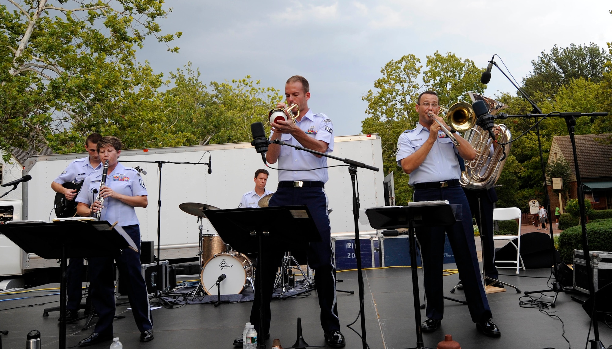 The United States Air Force Heritage band of America, Heritage Ramblers, performs traditional jazz music during the Summer Breeze concert series Aug. 10, 2011, in Williamsburg, Va. The free concert attracted more than 1,000 guests to Merchant Square. (U.S. Air Force photo by Staff Sgt. Dana Hill/Released)