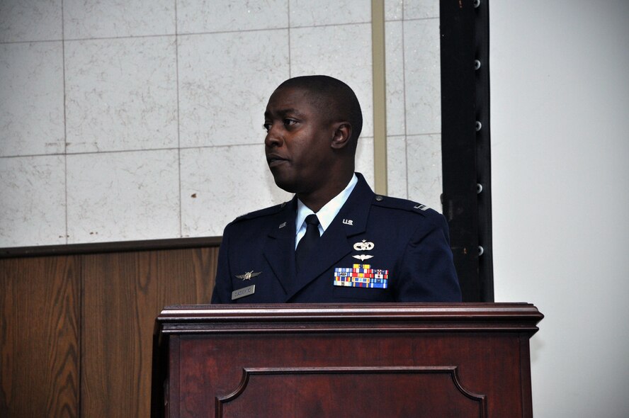 JOINT BASE ANDREWS, Md. -- Capt. Albert Olagbemiro, 69th Aerial Port Squadron, narrates a change of command ceremony here Aug. 13, 2011. Lt. Col. Dale Bateman assumed command of the 459th Mission Support Group from Col. James A. Gray who will be taking an Individual Mobilization Augmentee position at the Pentagon with the Air Force Reserve. (U.S. Air Force photo/Tech. Sgt. Steve Lewis)